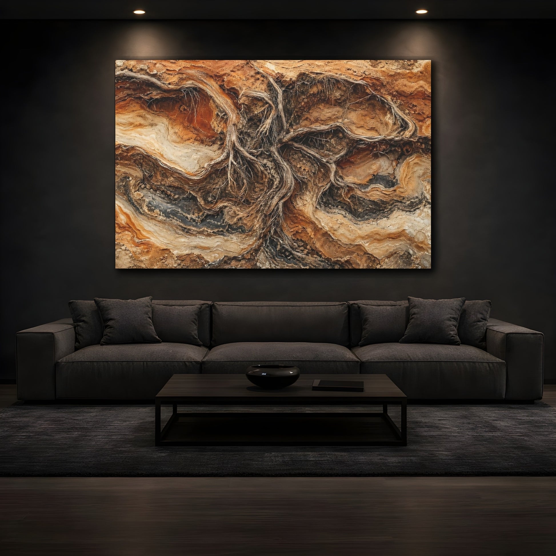 Mockup 4. Nature Tree Roots Earth Tones shown as stretched canvas wall art