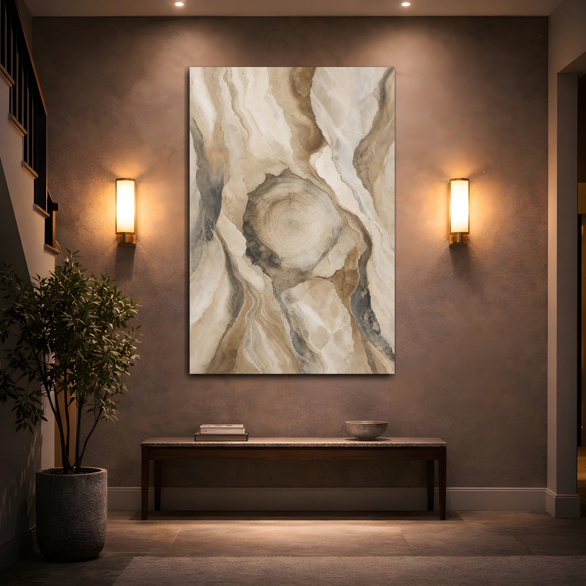 Mockup 2. Nature Tree Trunk Brown And Beige shown as stretched canvas wall art