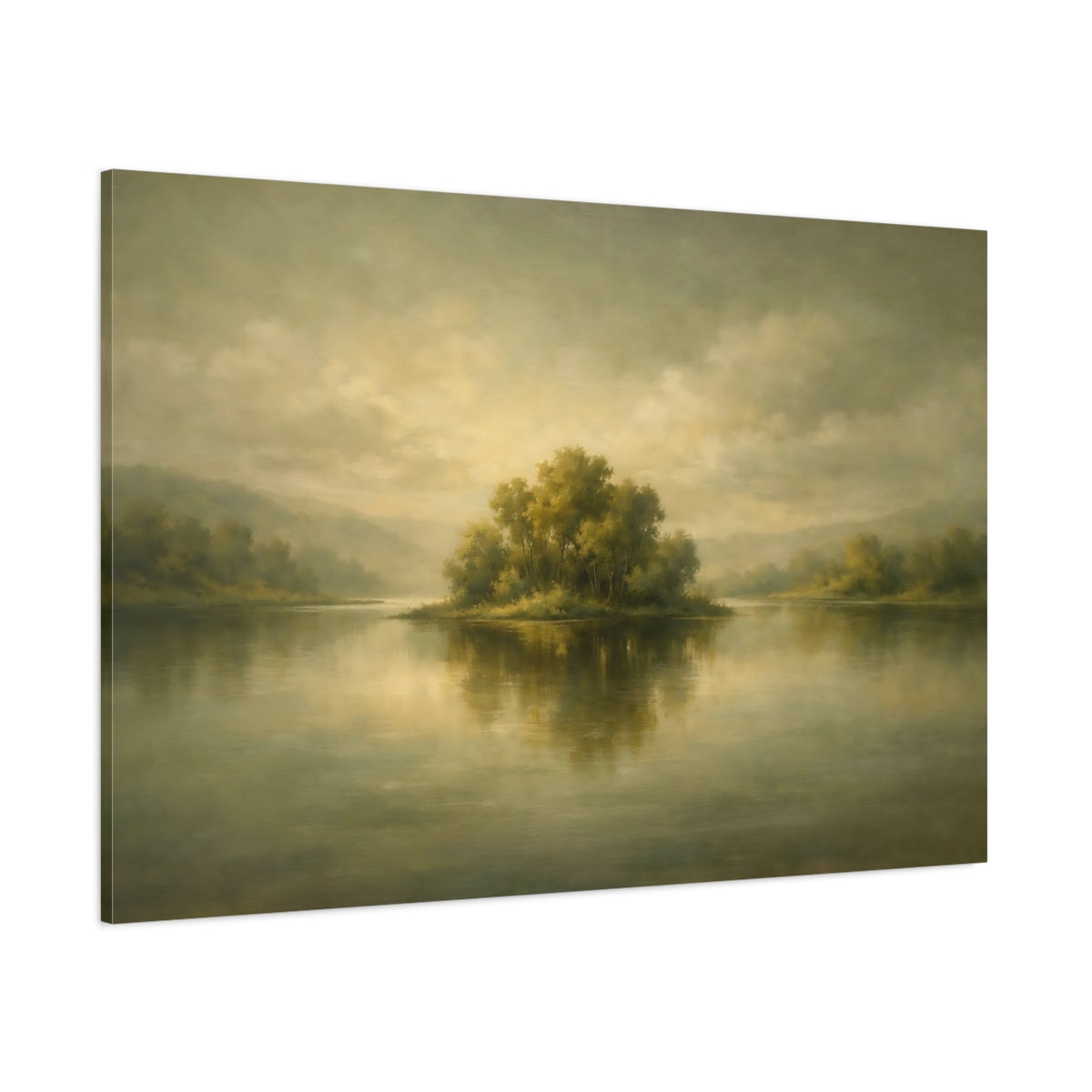 Main Mockup. Nature Treed Island Muted Landscape shown as stretched canvas wall art