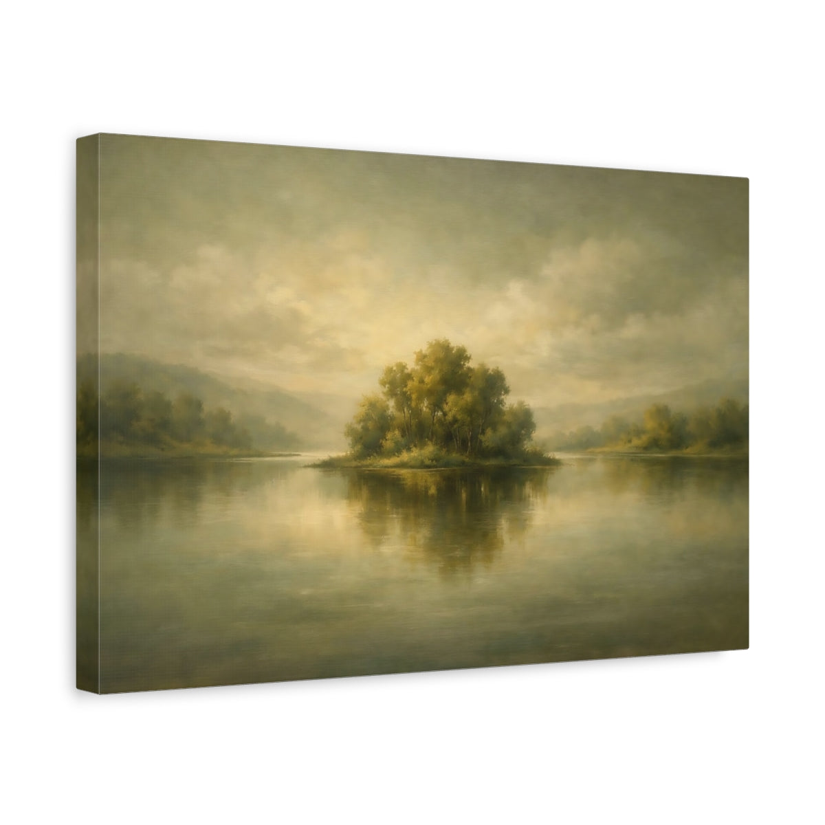Side Mockup 4. Nature Treed Island Muted Landscape shown as stretched canvas wall art