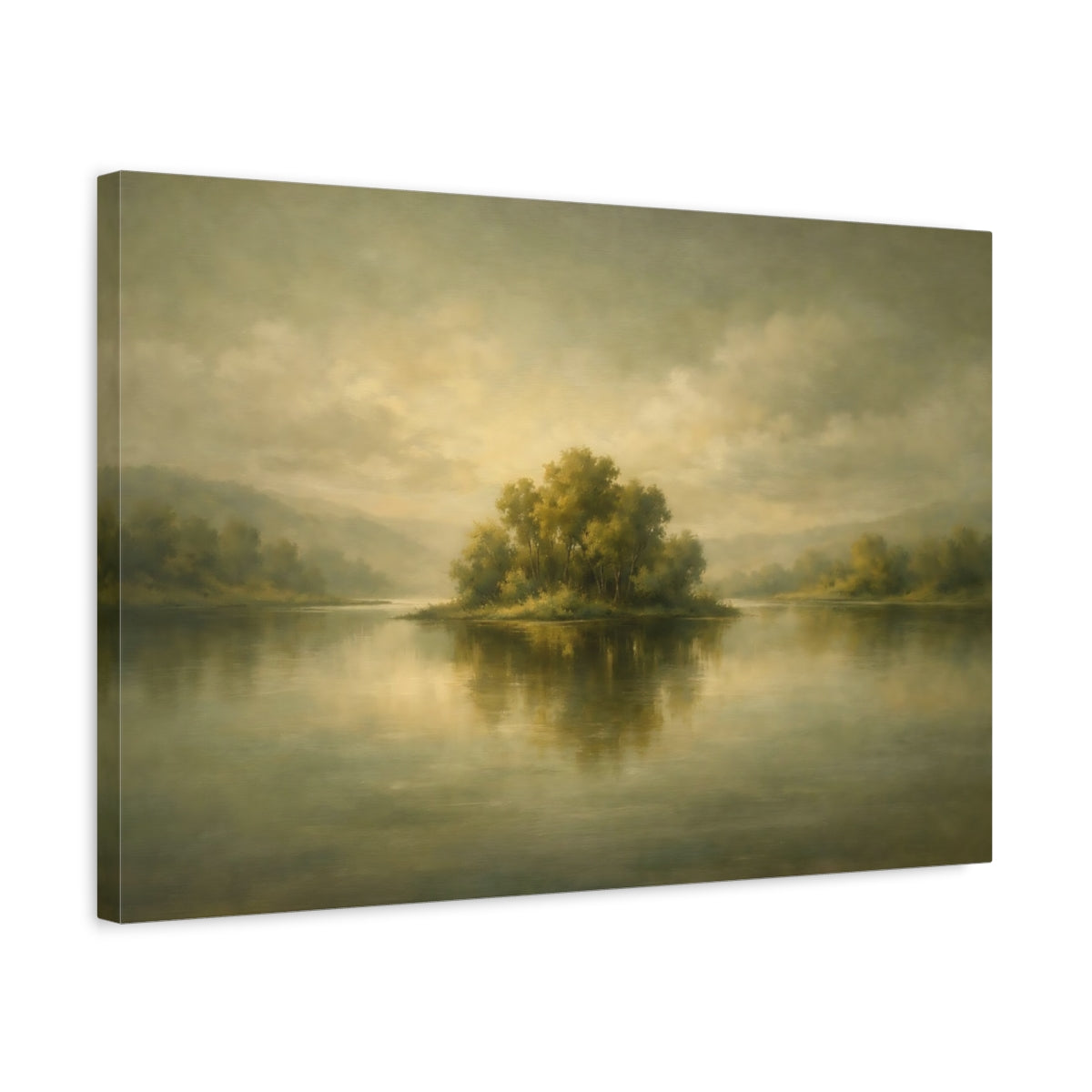Side Mockup 3. Nature Treed Island Muted Landscape shown as stretched canvas wall art