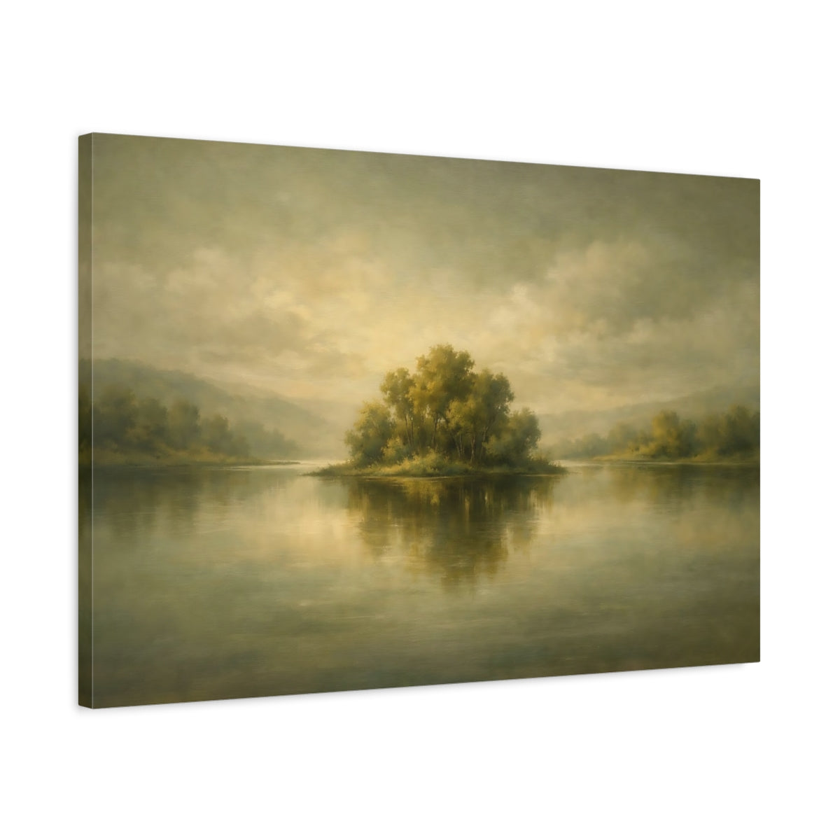 Side Mockup 2. Nature Treed Island Muted Landscape shown as stretched canvas wall art