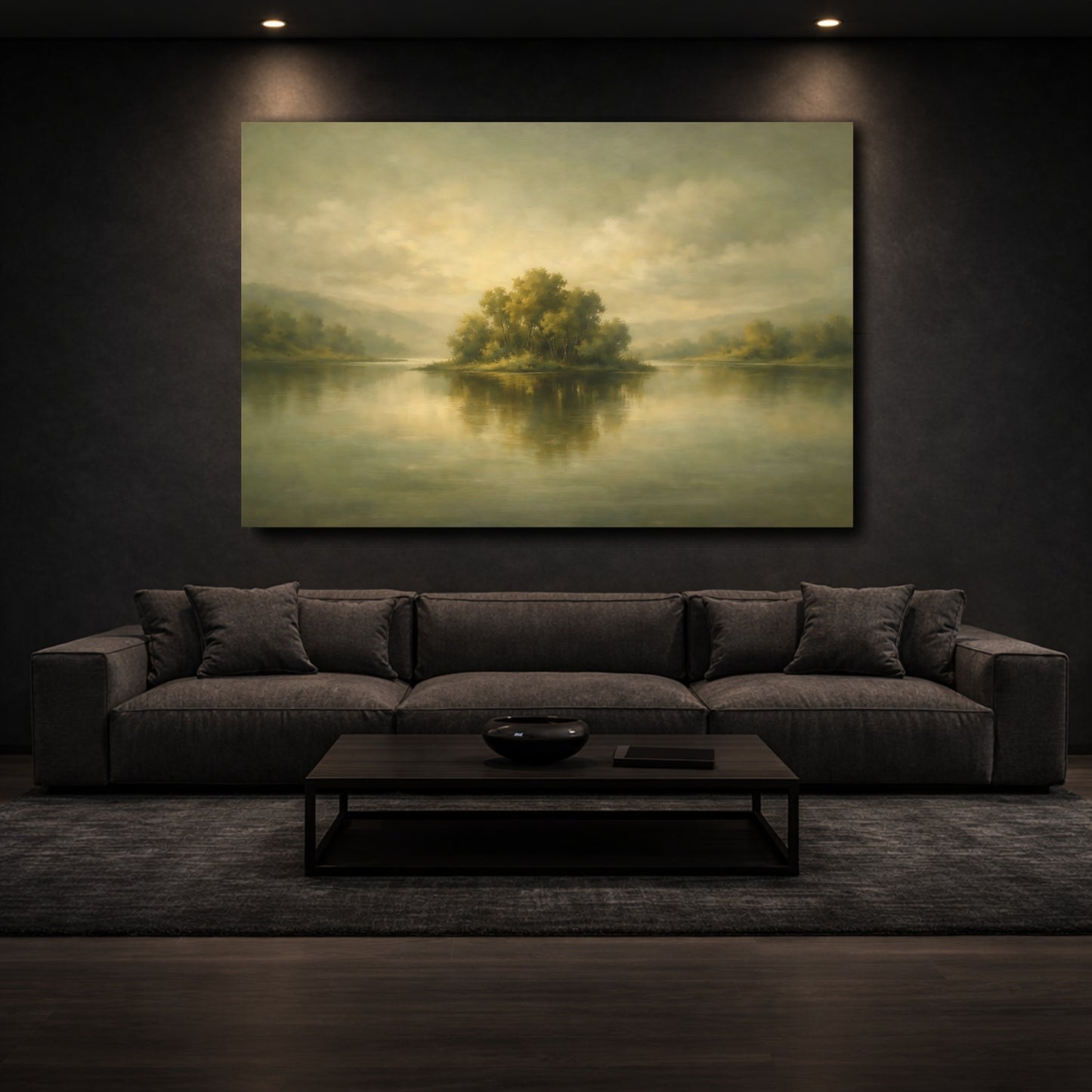 Mockup 2. Nature Treed Island Muted Landscape shown as stretched canvas wall art