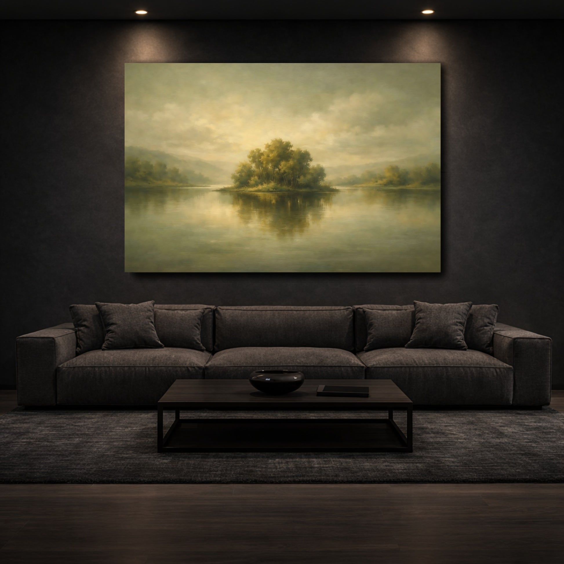 Mockup 2. Nature Treed Island Muted Landscape shown as stretched canvas wall art