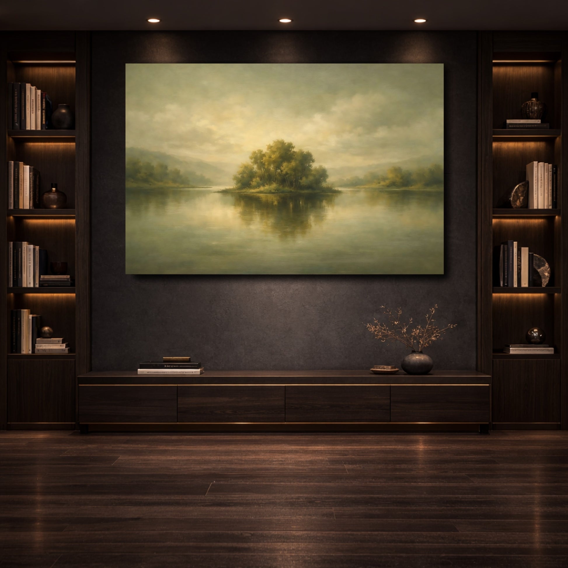 Mockup 3. Nature Treed Island Muted Landscape shown as stretched canvas wall art