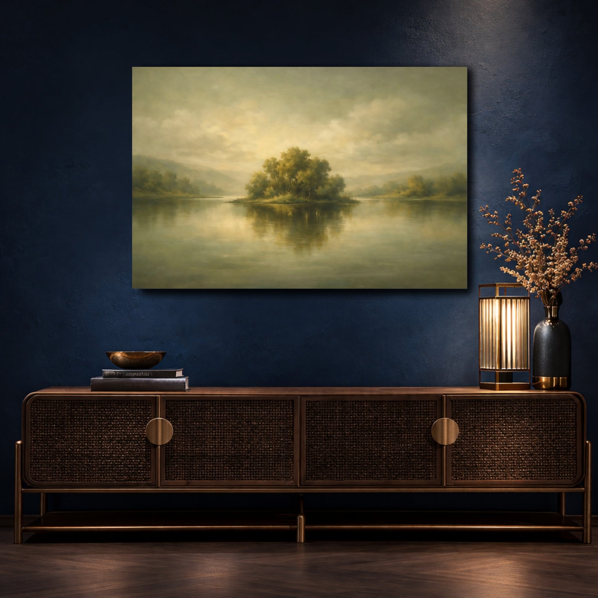 Mockup 4. Nature Treed Island Muted Landscape shown as stretched canvas wall art