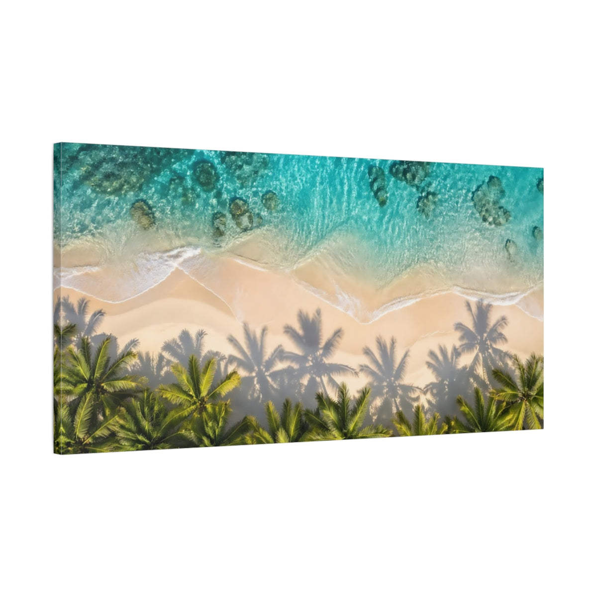 Main Mockup. Nature Tropical Beach Blue And Green shown as stretched canvas wall art