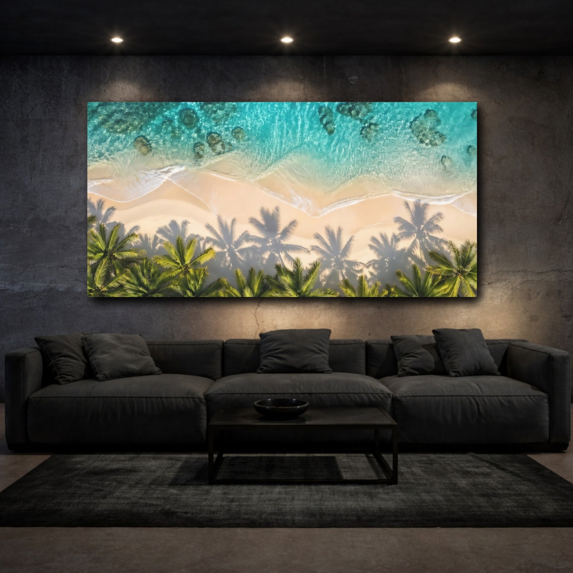 Mockup 2. Nature Tropical Beach Blue And Green shown as stretched canvas wall art
