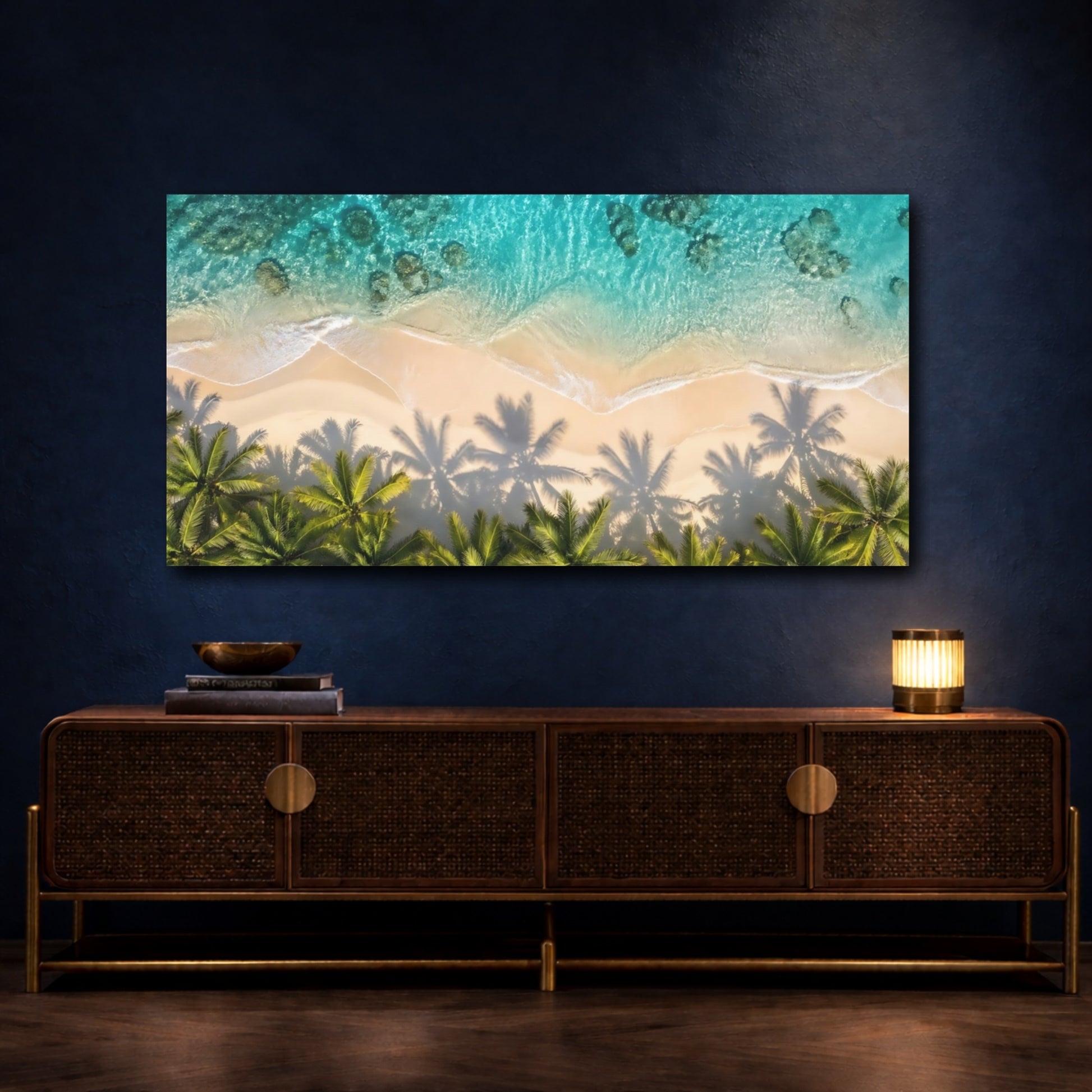 Mockup 4. Nature Tropical Beach Blue And Green shown as stretched canvas wall art