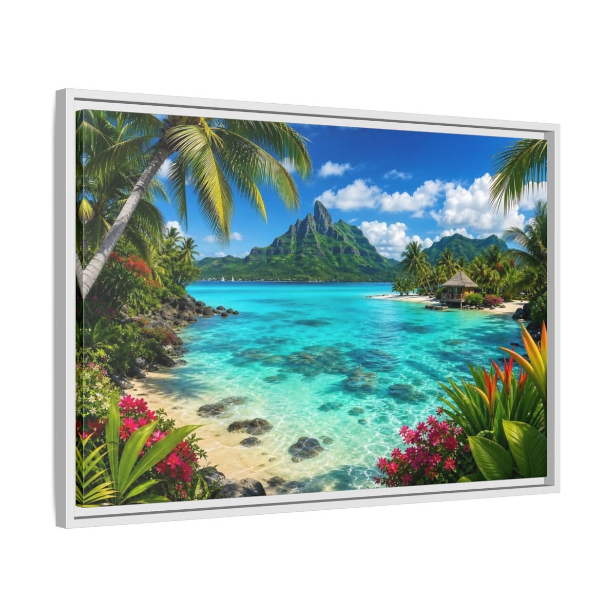 Nature Tropical Beach Island Blue Framed Canvas Wall Art Print – Vibrant Living Room, Above Couch - YesArtYes