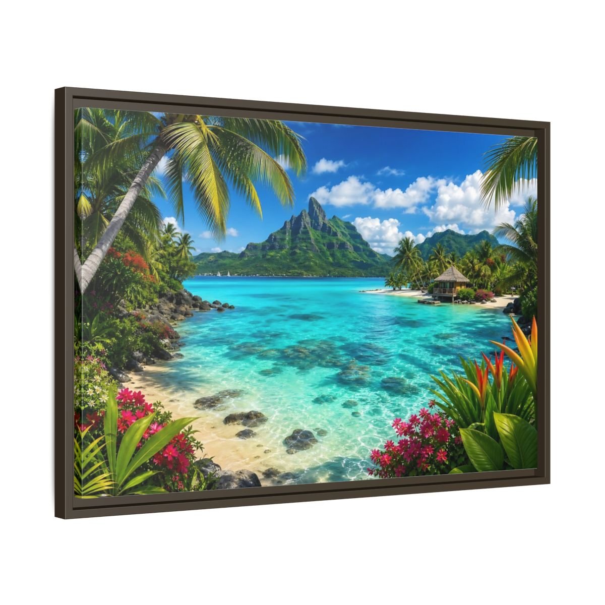 Nature Tropical Beach Island Blue Framed Canvas Wall Art Print – Vibrant Living Room, Above Couch - YesArtYes