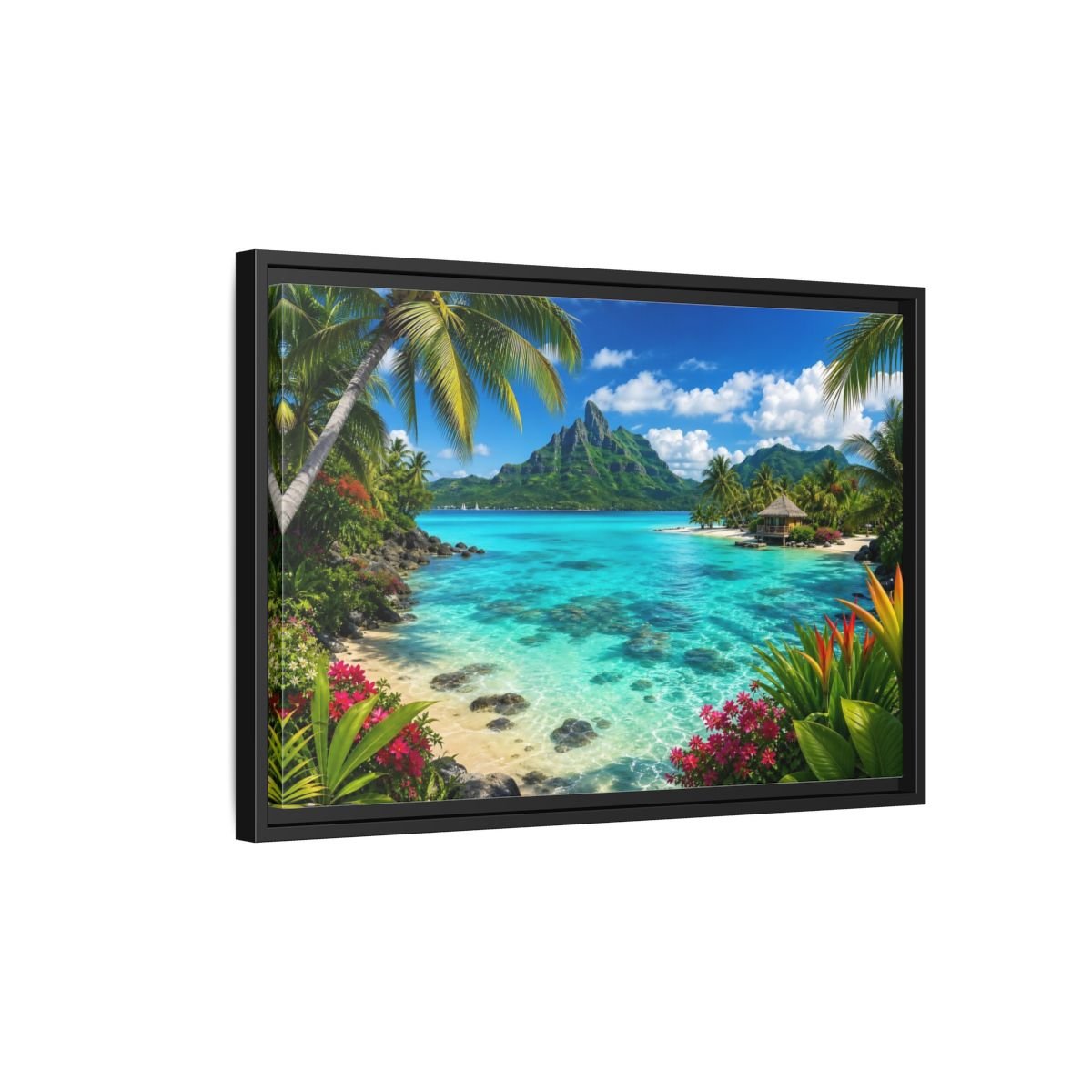 Nature Tropical Beach Island Blue Framed Canvas Wall Art Print – Vibrant Living Room, Above Couch - YesArtYes