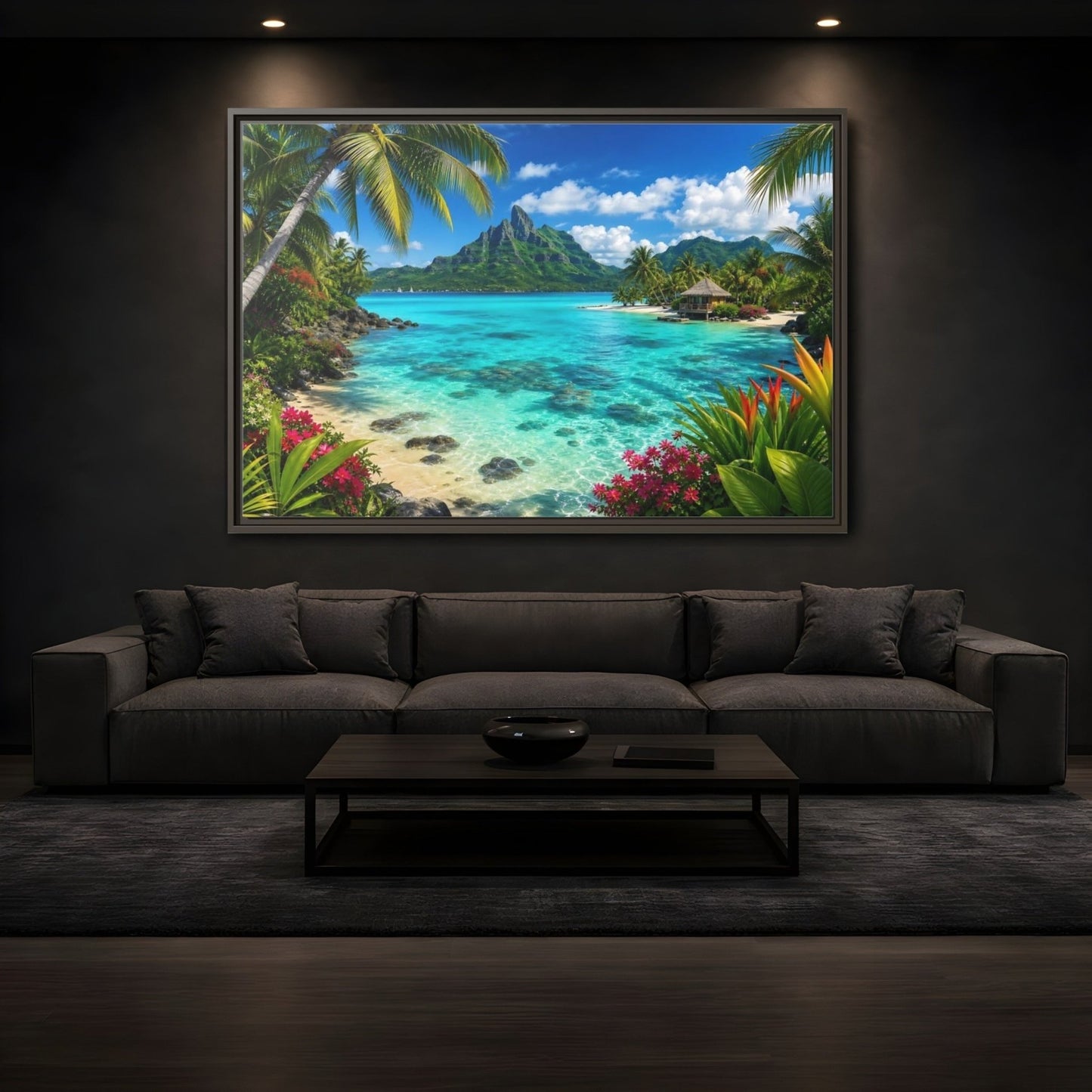 Nature Tropical Beach Island Blue Framed Canvas Wall Art Print – Vibrant Living Room, Above Couch - YesArtYes