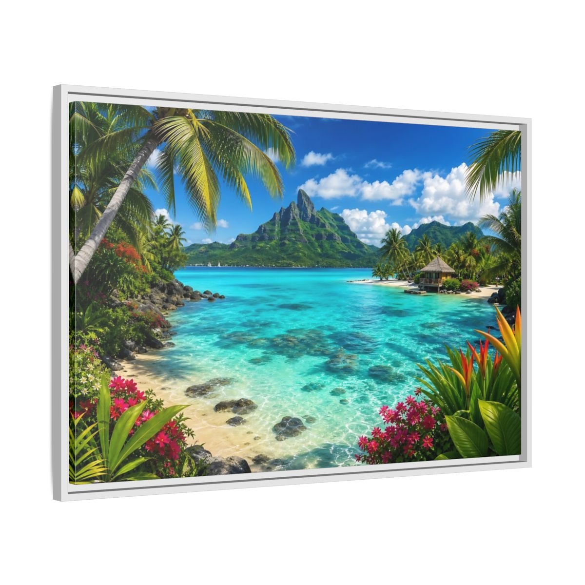 Nature Tropical Beach Island Blue Framed Canvas Wall Art Print – Vibrant Living Room, Above Couch - YesArtYes