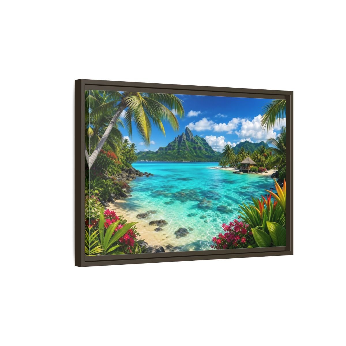Nature Tropical Beach Island Blue Framed Canvas Wall Art Print – Vibrant Living Room, Above Couch - YesArtYes