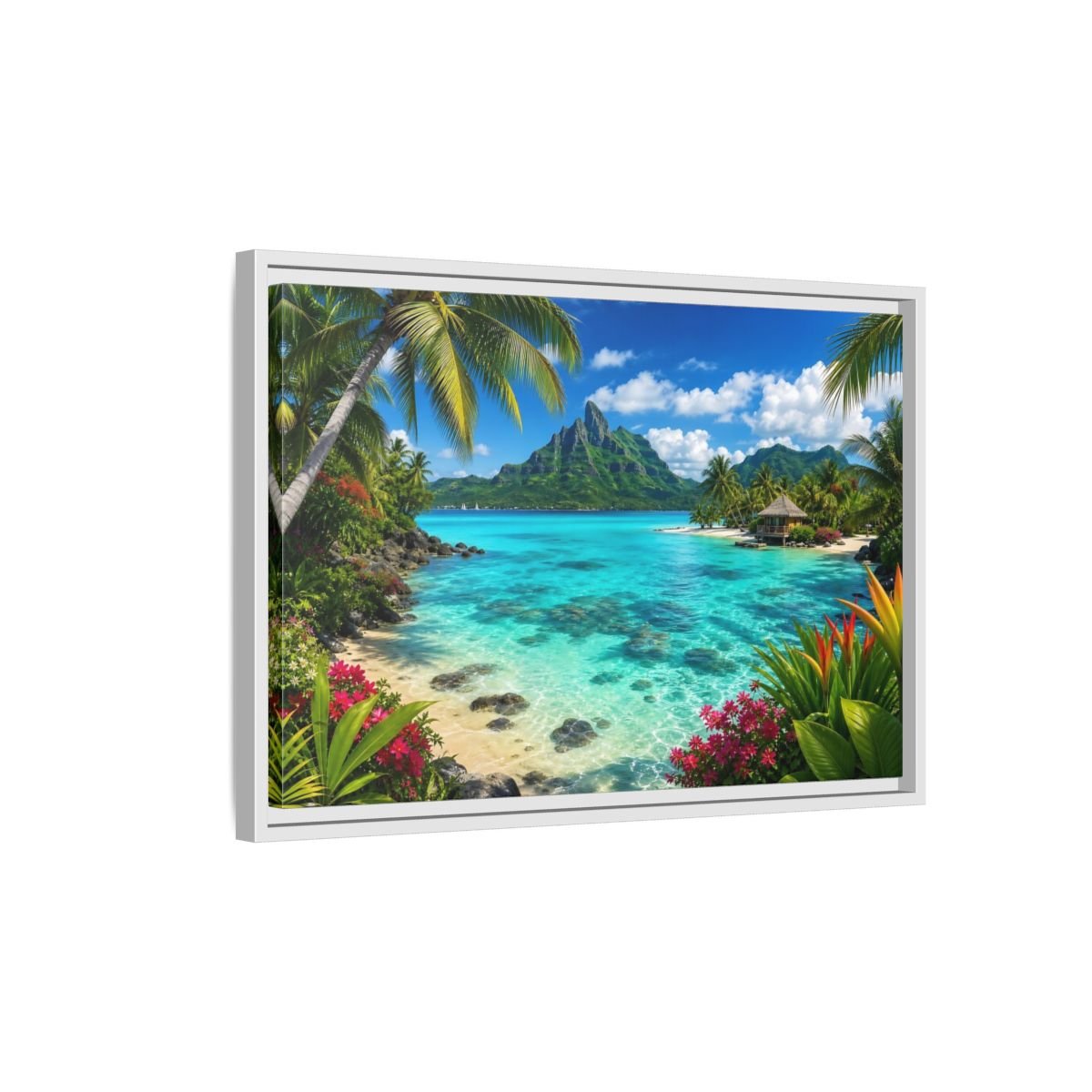 Nature Tropical Beach Island Blue Framed Canvas Wall Art Print – Vibrant Living Room, Above Couch - YesArtYes