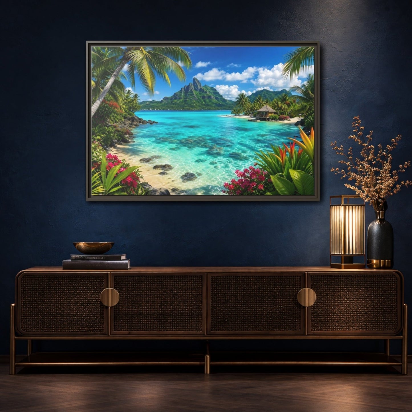 Nature Tropical Beach Island Blue Framed Canvas Wall Art Print – Vibrant Living Room, Above Couch - YesArtYes