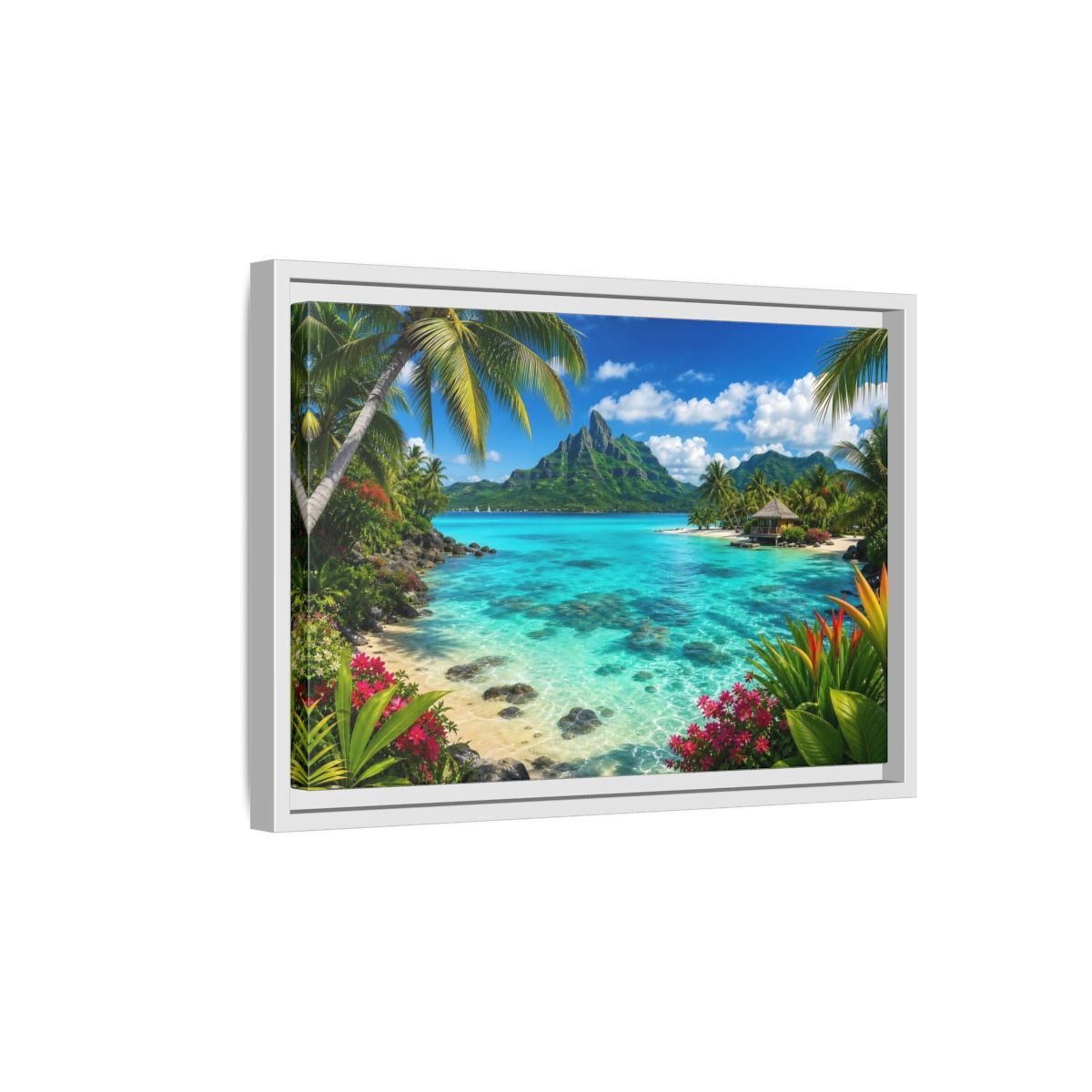 Nature Tropical Beach Island Blue Framed Canvas Wall Art Print – Vibrant Living Room, Above Couch - YesArtYes