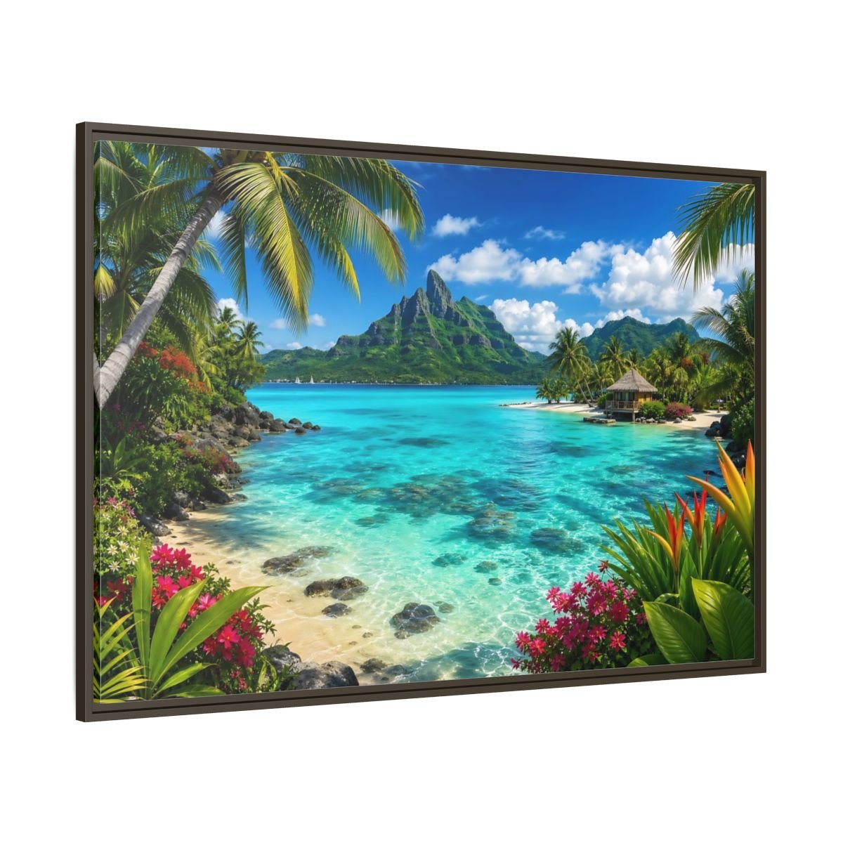 Nature Tropical Beach Island Blue Framed Canvas Wall Art Print – Vibrant Living Room, Above Couch - YesArtYes