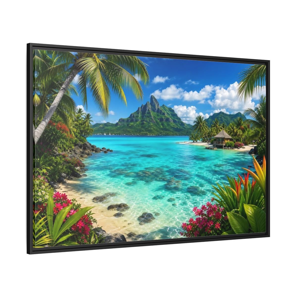 Nature Tropical Beach Island Blue Framed Canvas Wall Art Print – Vibrant Living Room, Above Couch - YesArtYes
