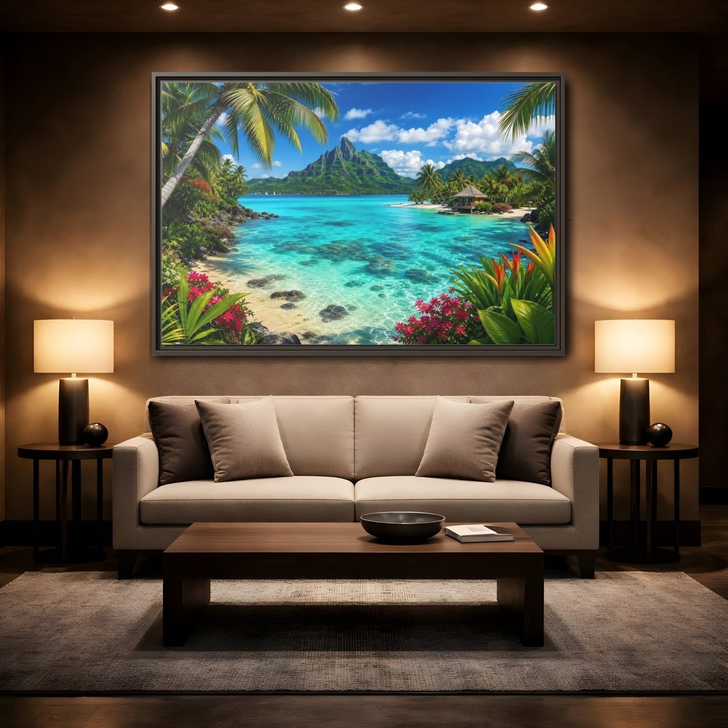 Nature Tropical Beach Island Blue Framed Canvas Wall Art Print – Vibrant Living Room, Above Couch - YesArtYes