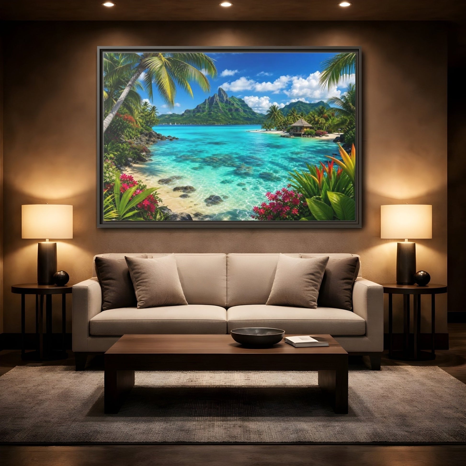 Nature Tropical Beach Island Blue Framed Canvas Wall Art Print – Vibrant Living Room, Above Couch - YesArtYes