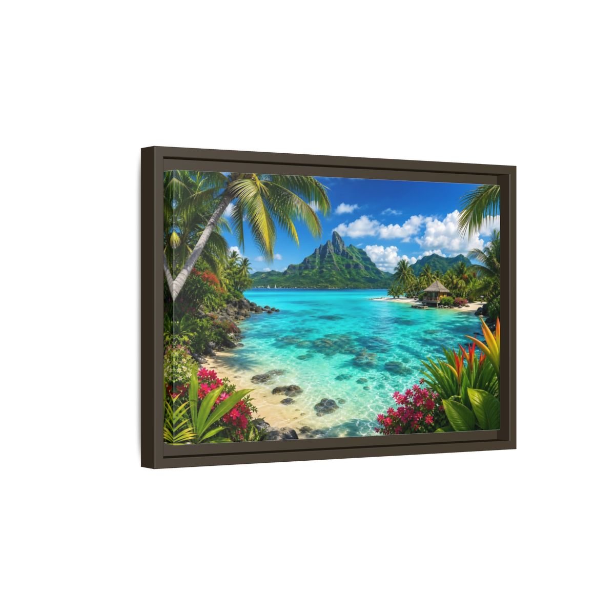 Nature Tropical Beach Island Blue Framed Canvas Wall Art Print – Vibrant Living Room, Above Couch - YesArtYes