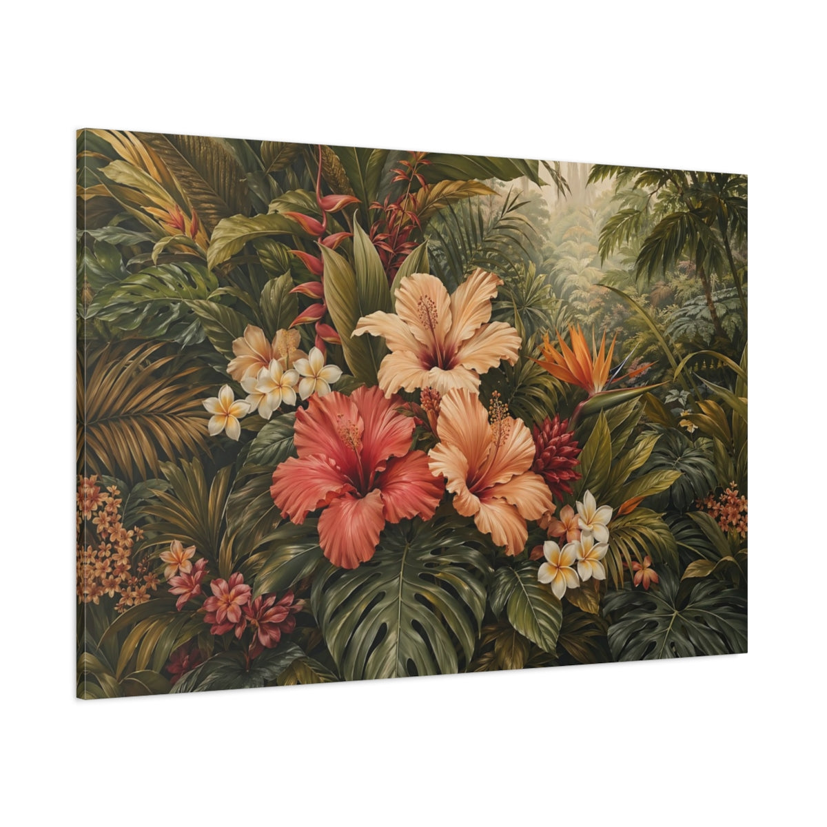 Side Mockup 1. Nature Tropical Flowers Tropical Floral Green shown as stretched canvas wall art