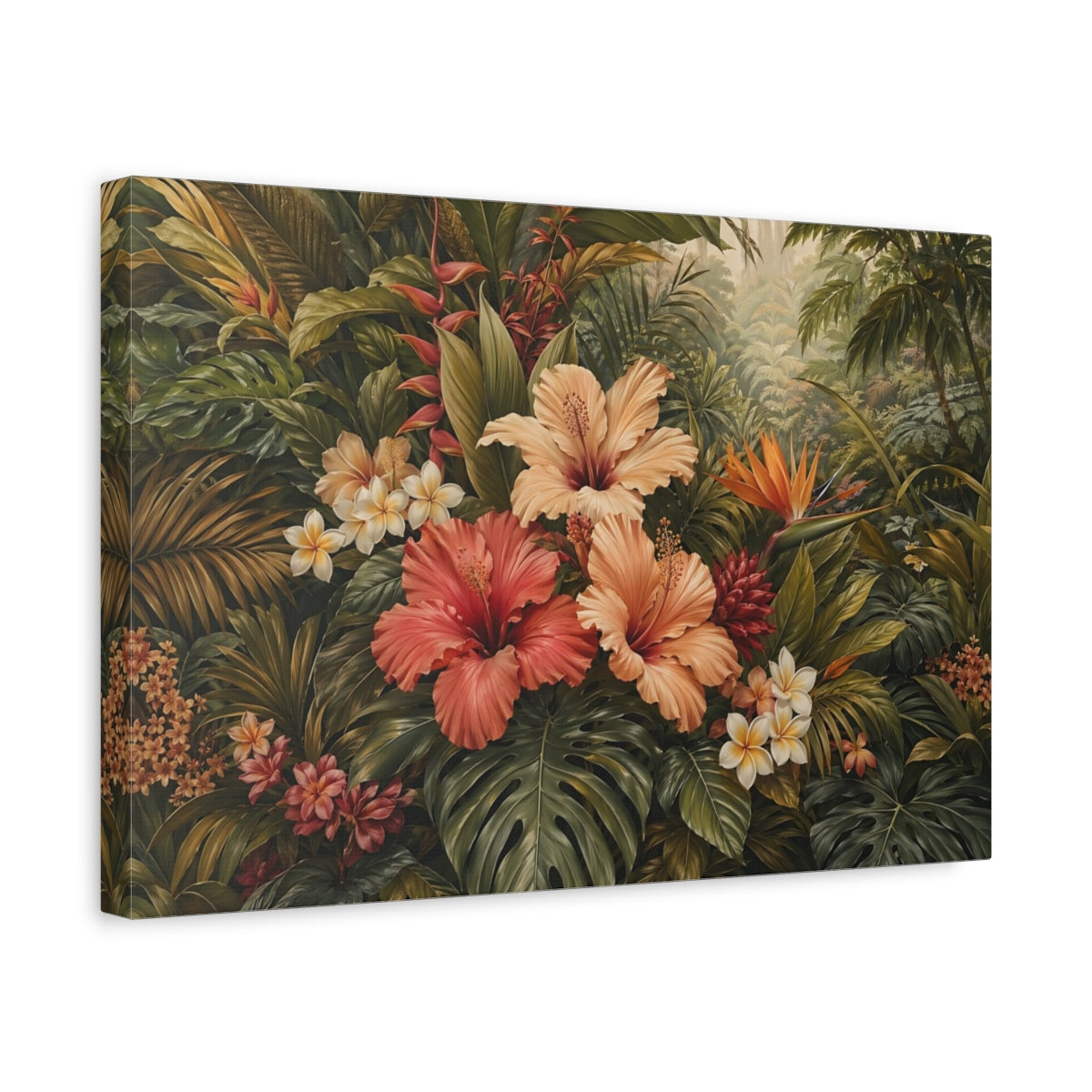 Side Mockup 4. Nature Tropical Flowers Tropical Floral Green shown as stretched canvas wall art