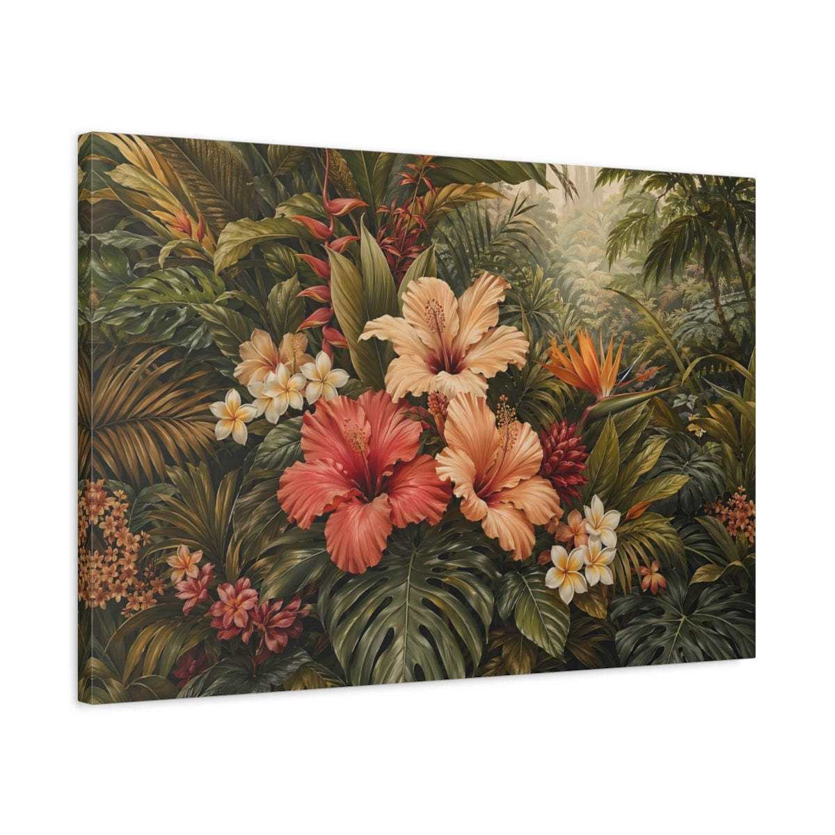 Side Mockup 2. Nature Tropical Flowers Tropical Floral Green shown as stretched canvas wall art
