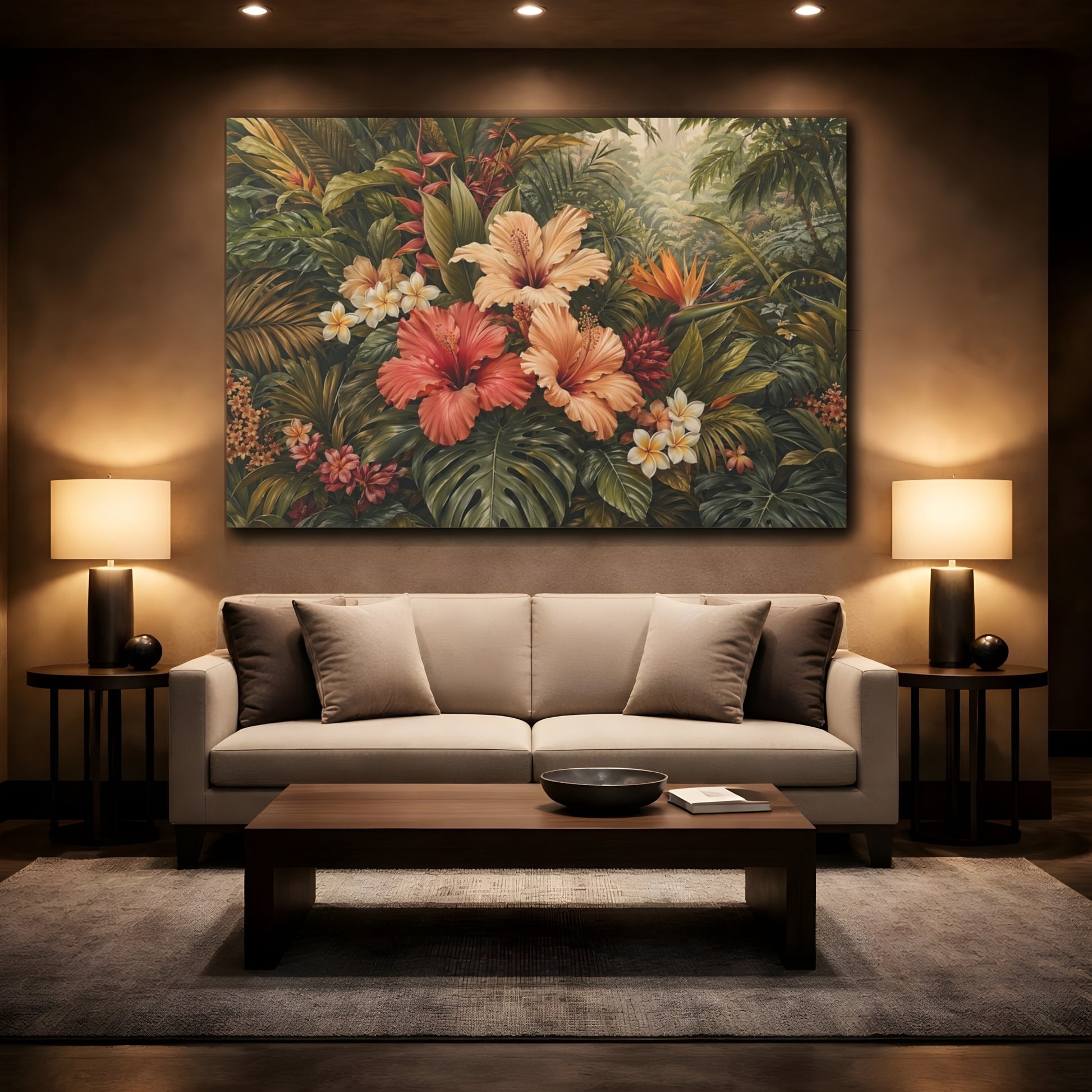 Mockup 2. Nature Tropical Flowers Tropical Floral Green shown as stretched canvas wall art