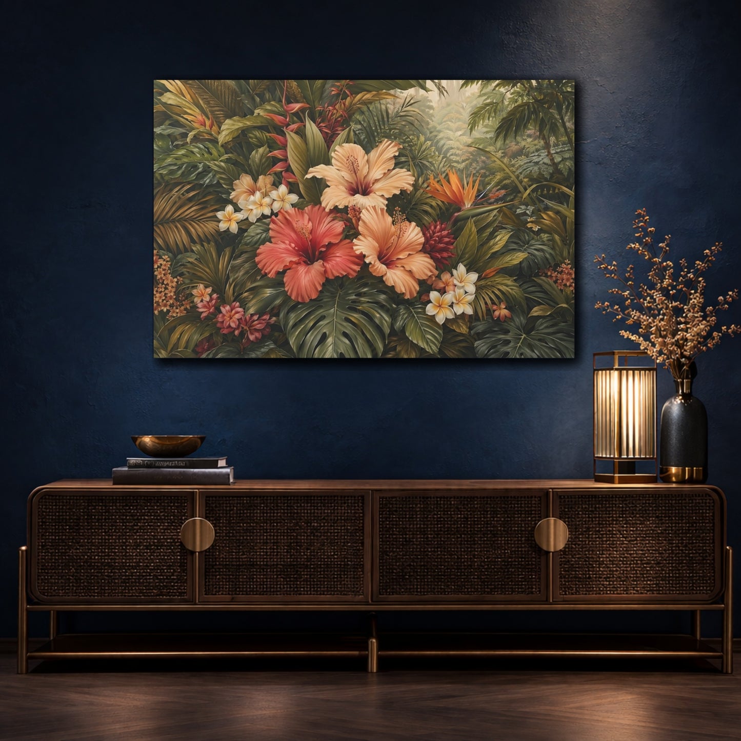 Mockup 4. Nature Tropical Flowers Tropical Floral Green shown as stretched canvas wall art