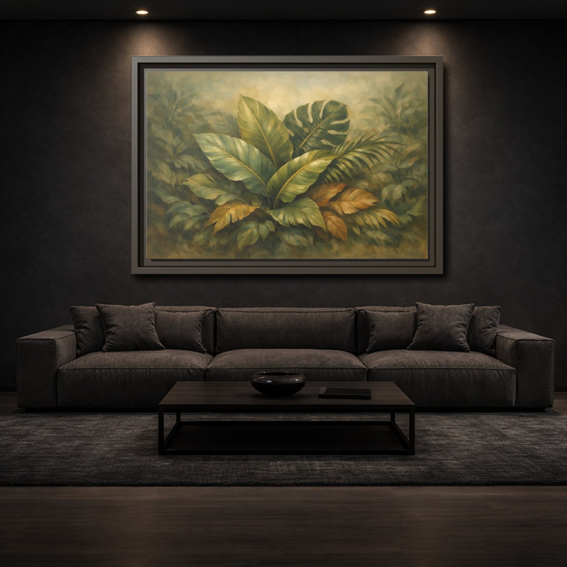 Mockup 2. Nature Tropical Foliage Green Botanical shown as stretched canvas wall art