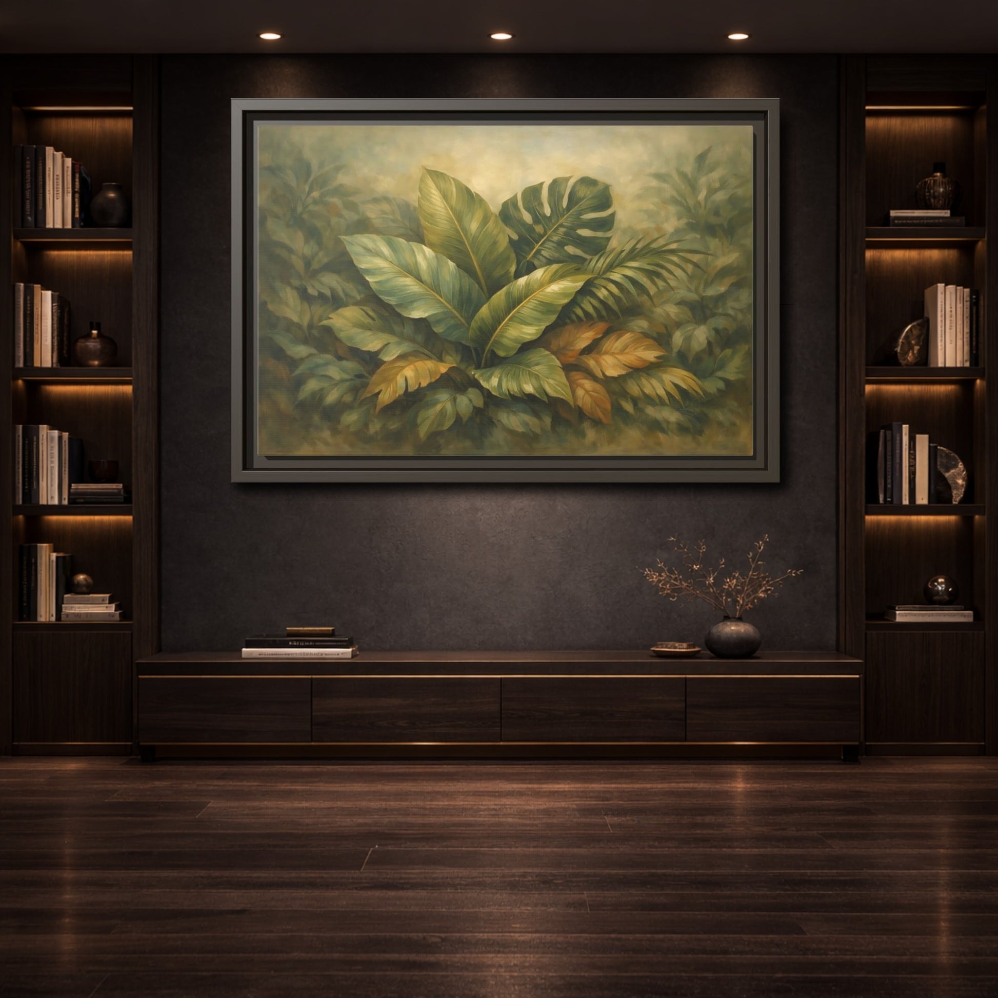 Mockup 3. Nature Tropical Foliage Green Botanical shown as stretched canvas wall art