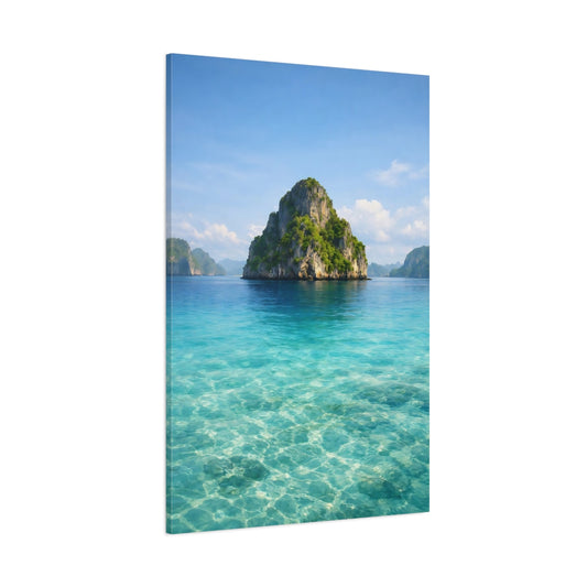 Main Mockup. Nature Tropical Island Blue And Green shown as stretched canvas wall art