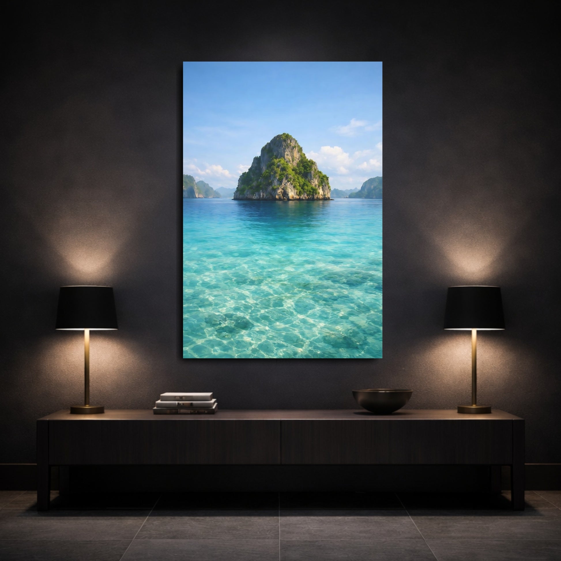 Mockup 2. Nature Tropical Island Blue And Green shown as stretched canvas wall art