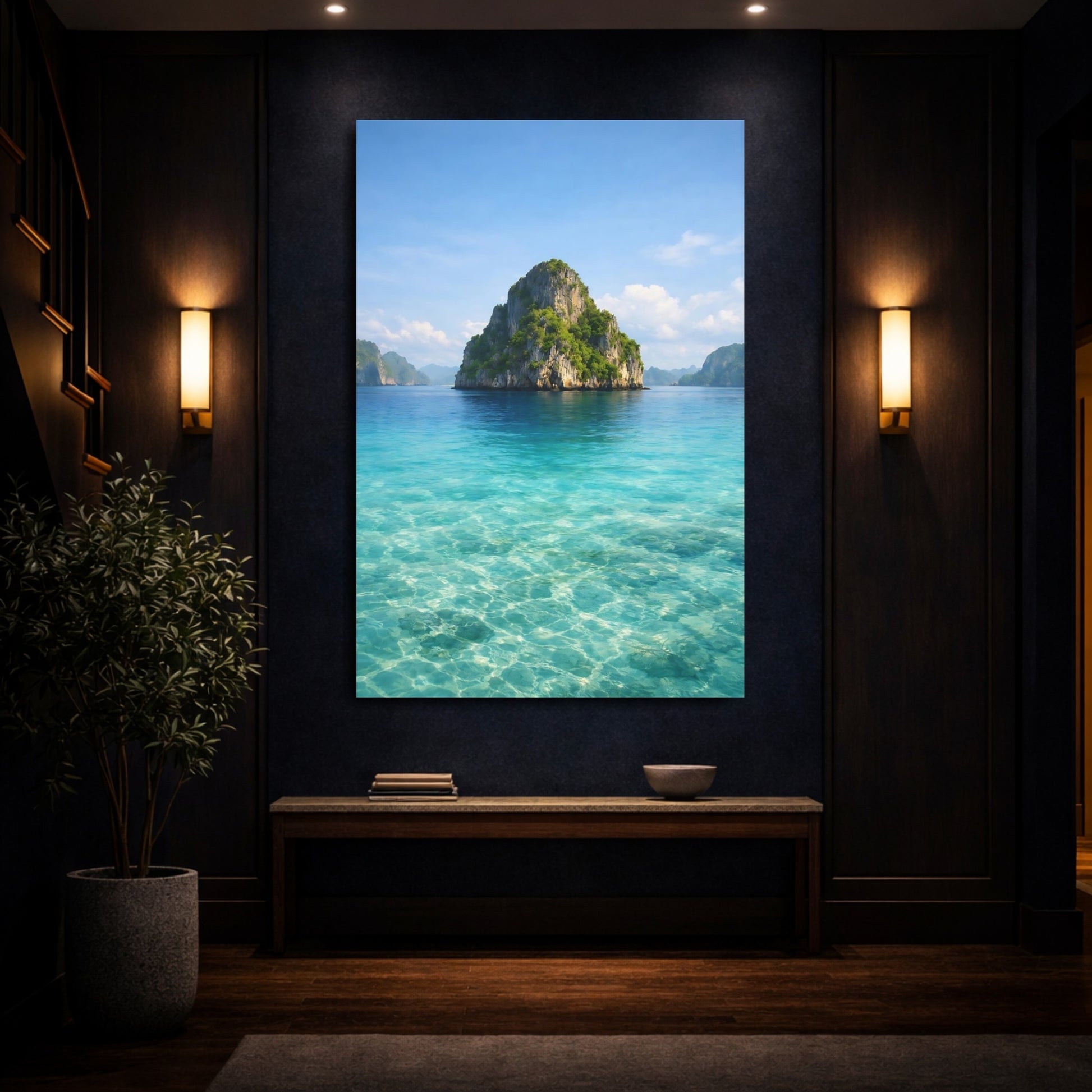 Mockup 3. Nature Tropical Island Blue And Green shown as stretched canvas wall art