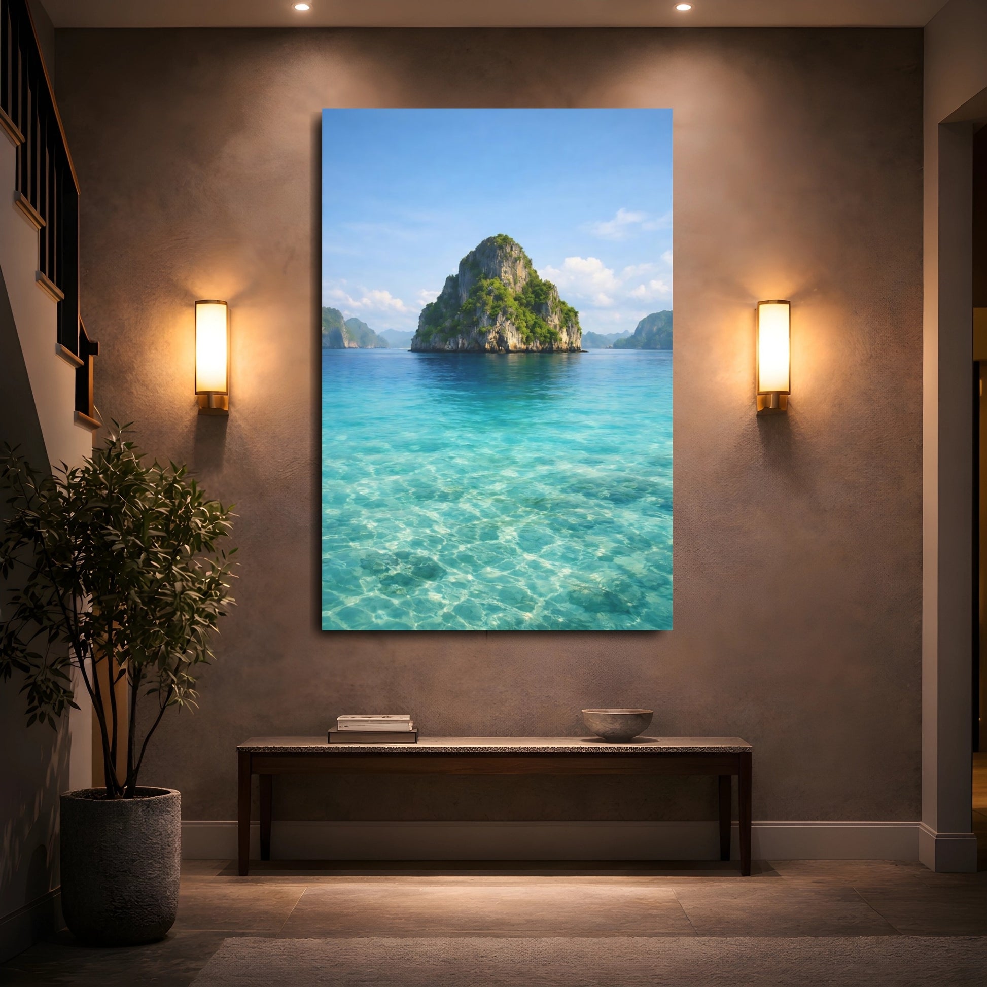 Mockup 4. Nature Tropical Island Blue And Green shown as stretched canvas wall art