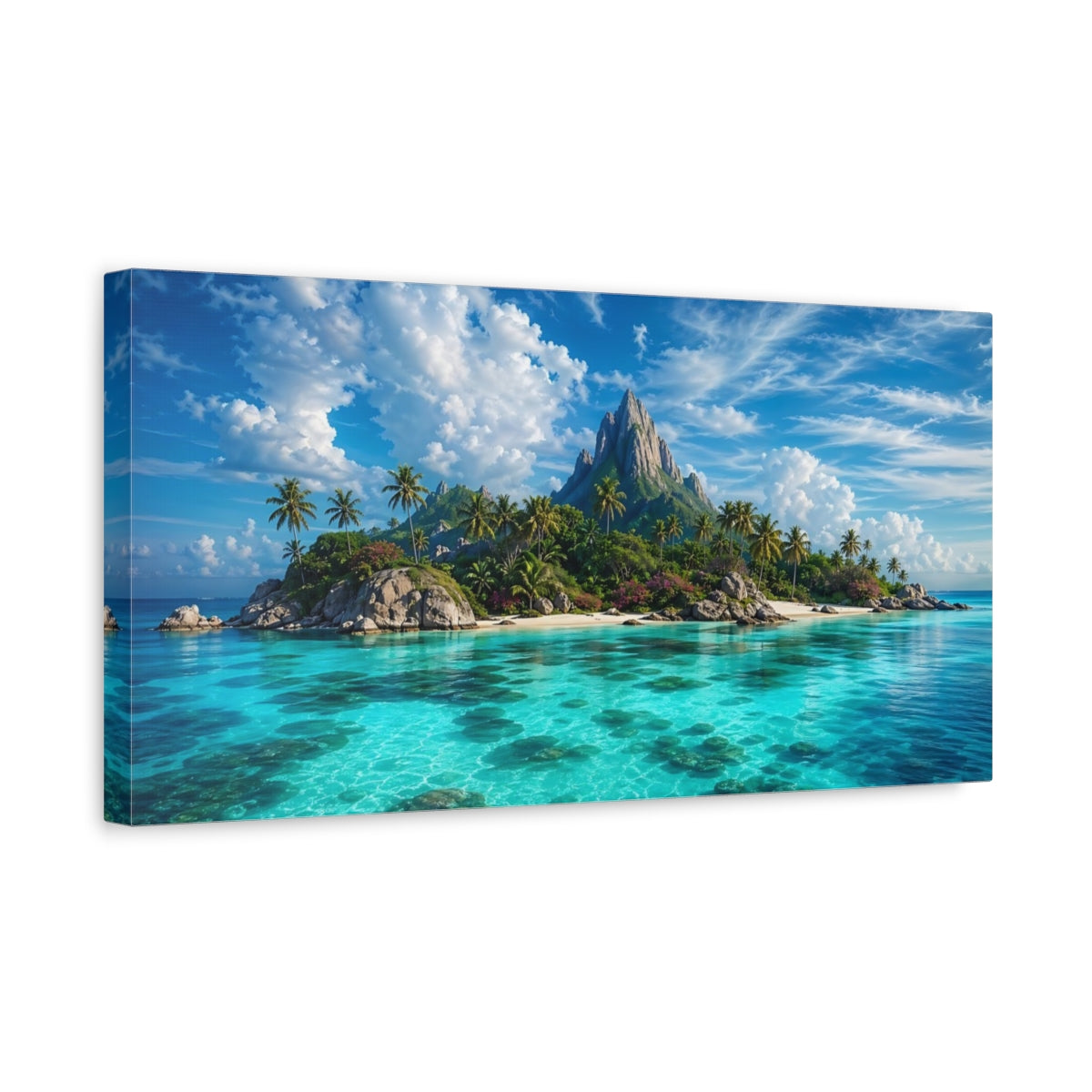 Side Mockup 3. Nature Tropical Island Tropical Island Blue shown as stretched canvas wall art