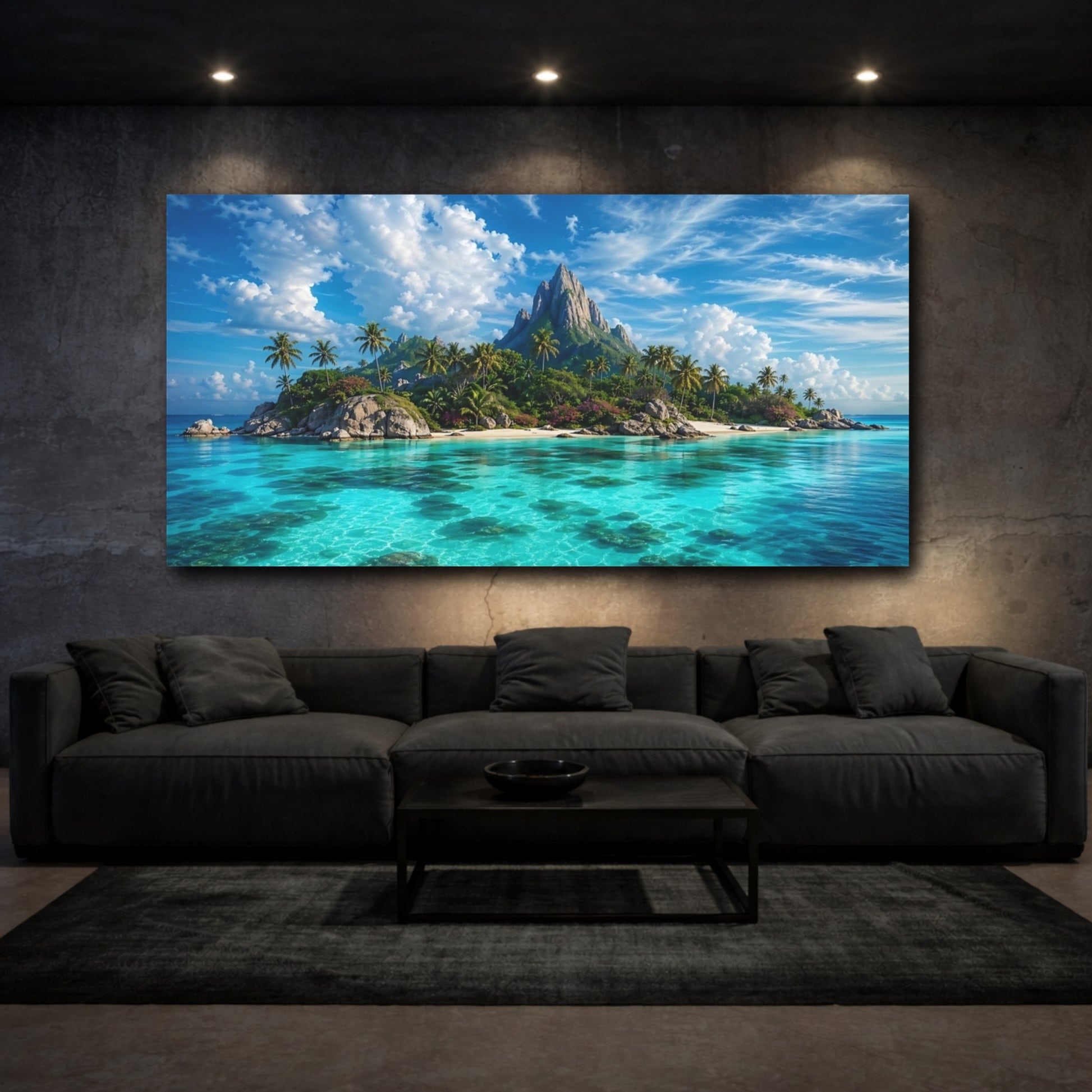 Mockup 2. Nature Tropical Island Tropical Island Blue shown as stretched canvas wall art