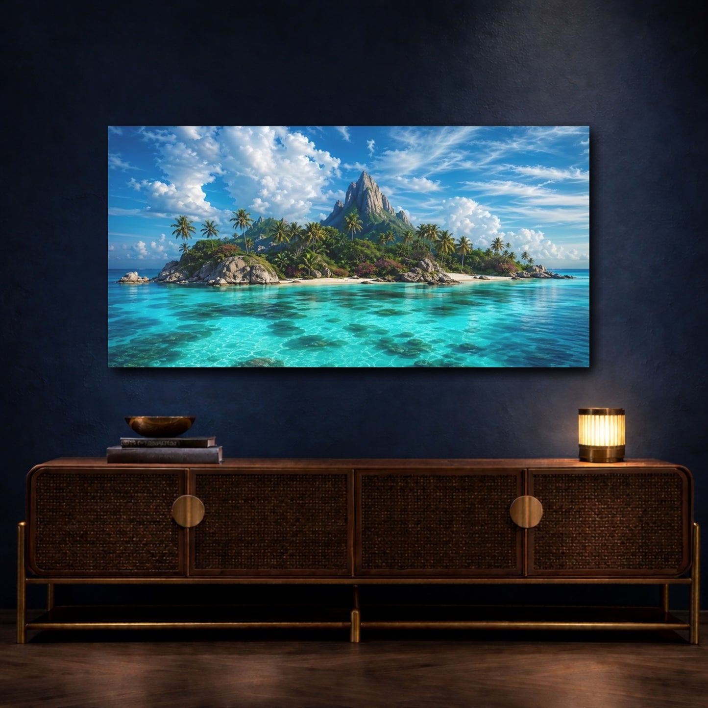 Mockup 4. Nature Tropical Island Tropical Island Blue shown as stretched canvas wall art