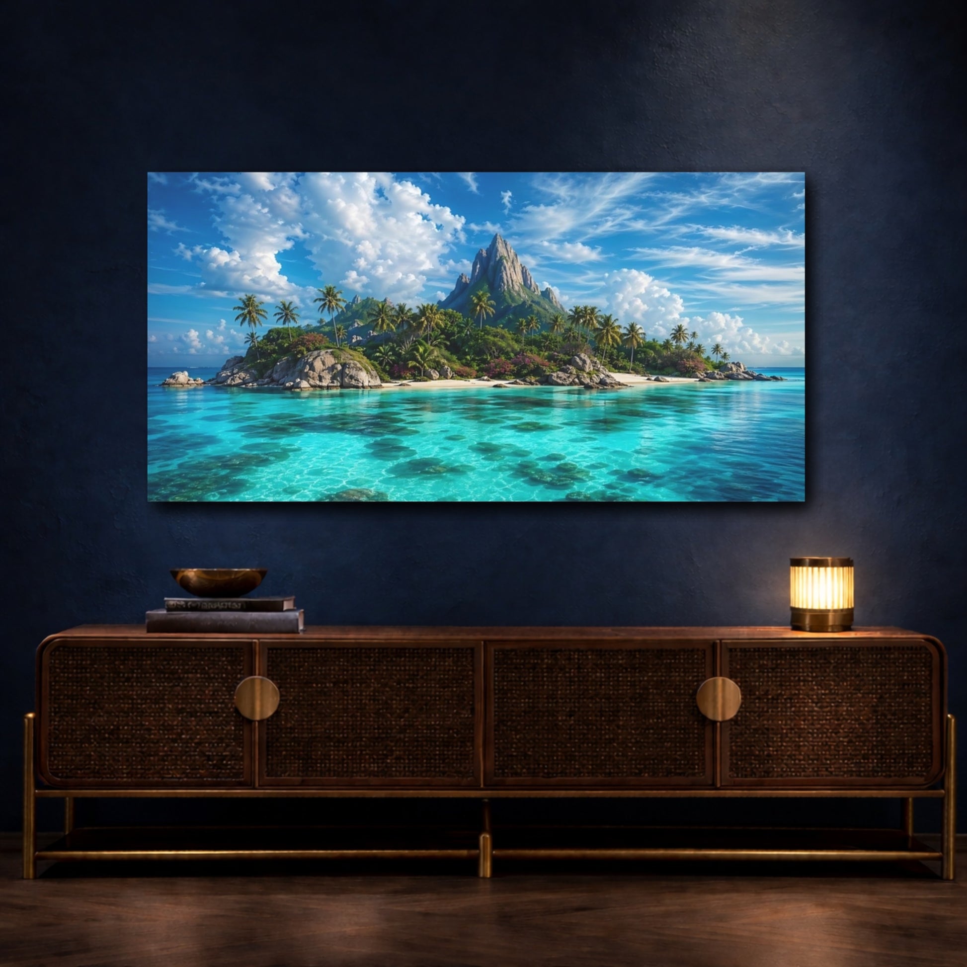 Mockup 4. Nature Tropical Island Tropical Island Blue shown as stretched canvas wall art