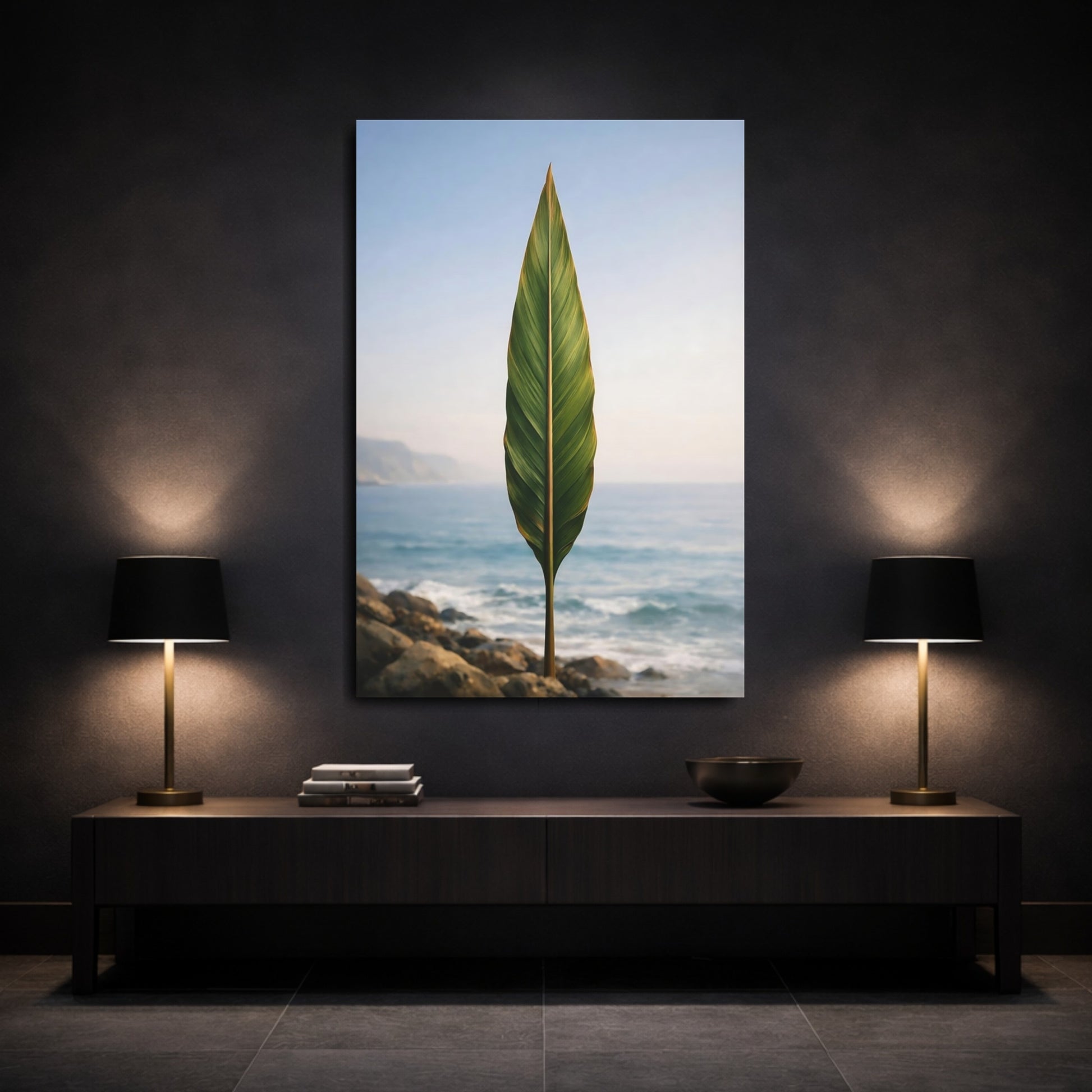 Mockup 2. Nature Tropical Leaf Green Leaf Ocean shown as stretched canvas wall art