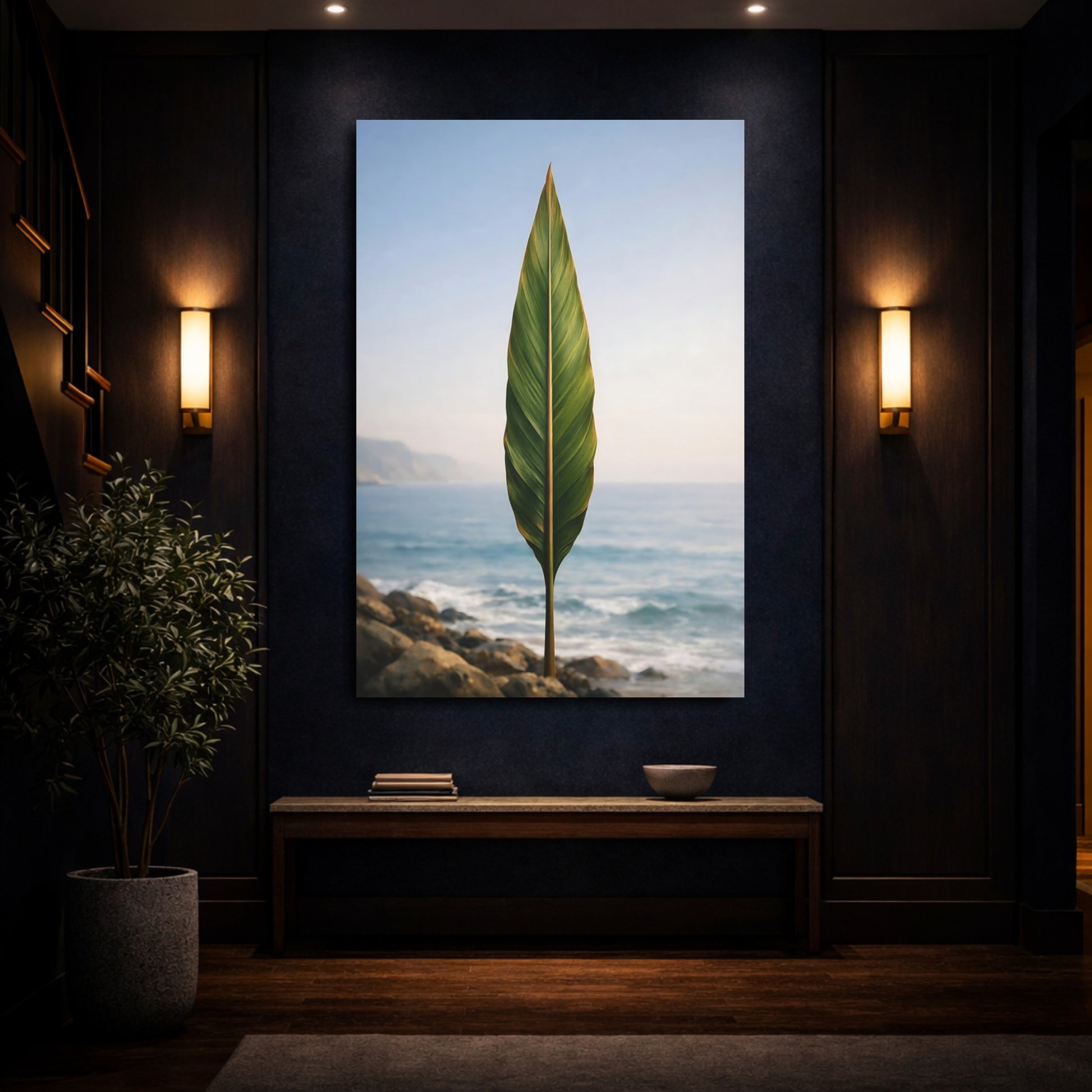 Mockup 3. Nature Tropical Leaf Green Leaf Ocean shown as stretched canvas wall art