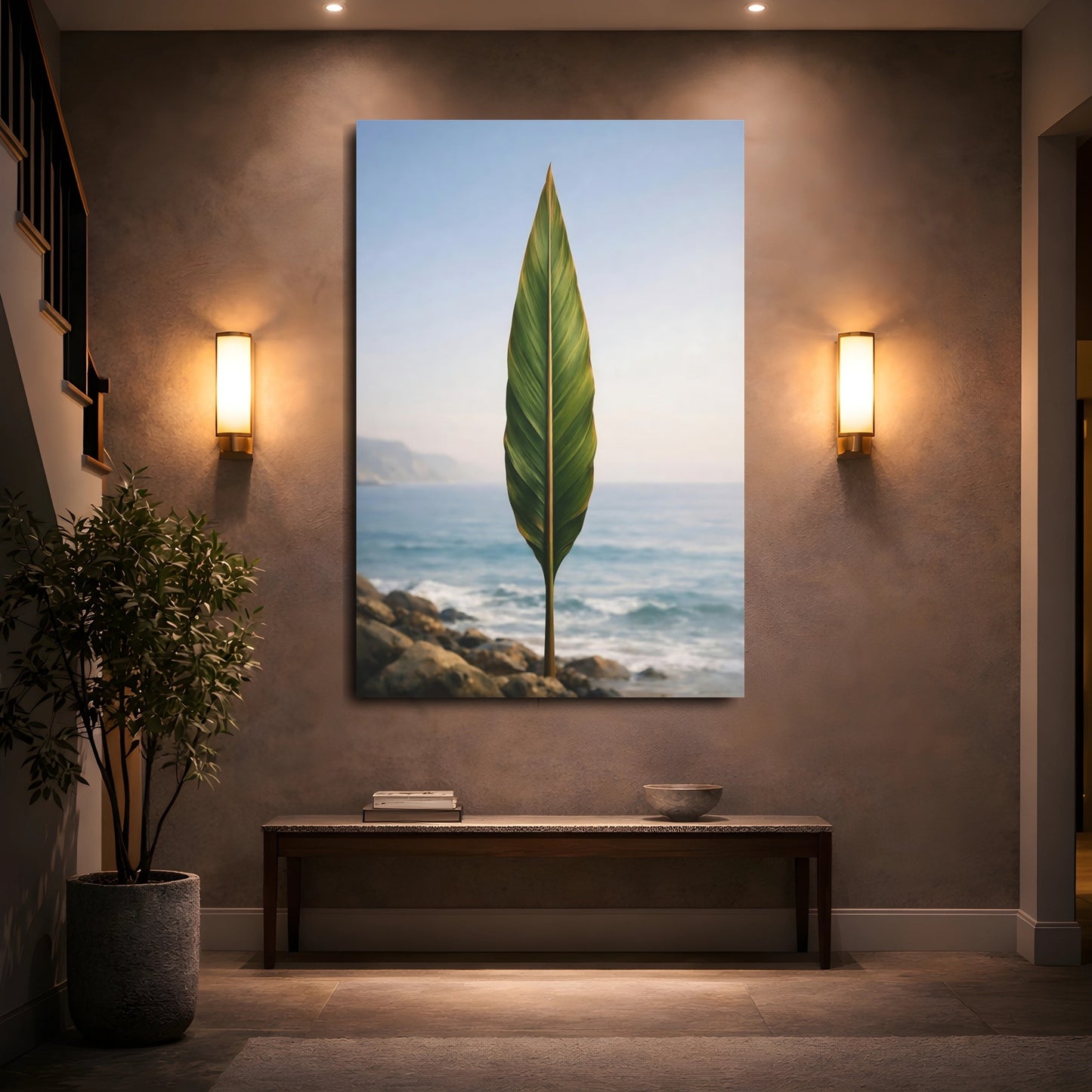 Mockup 4. Nature Tropical Leaf Green Leaf Ocean shown as stretched canvas wall art