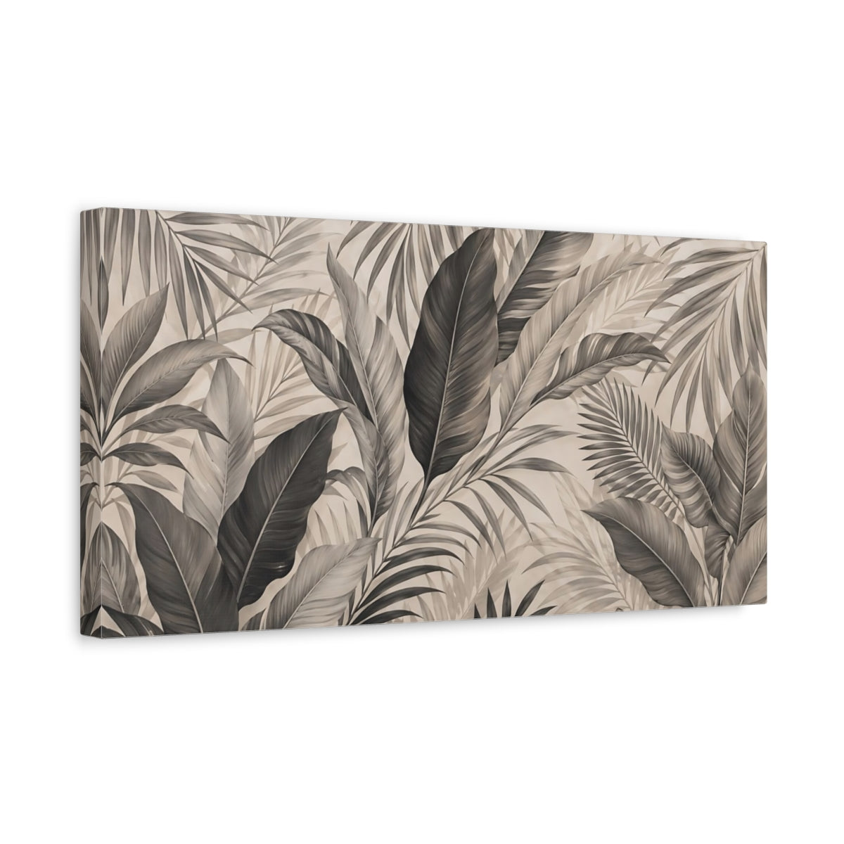 Side Mockup 3. Nature Tropical Leaves Brown And Black shown as stretched canvas wall art
