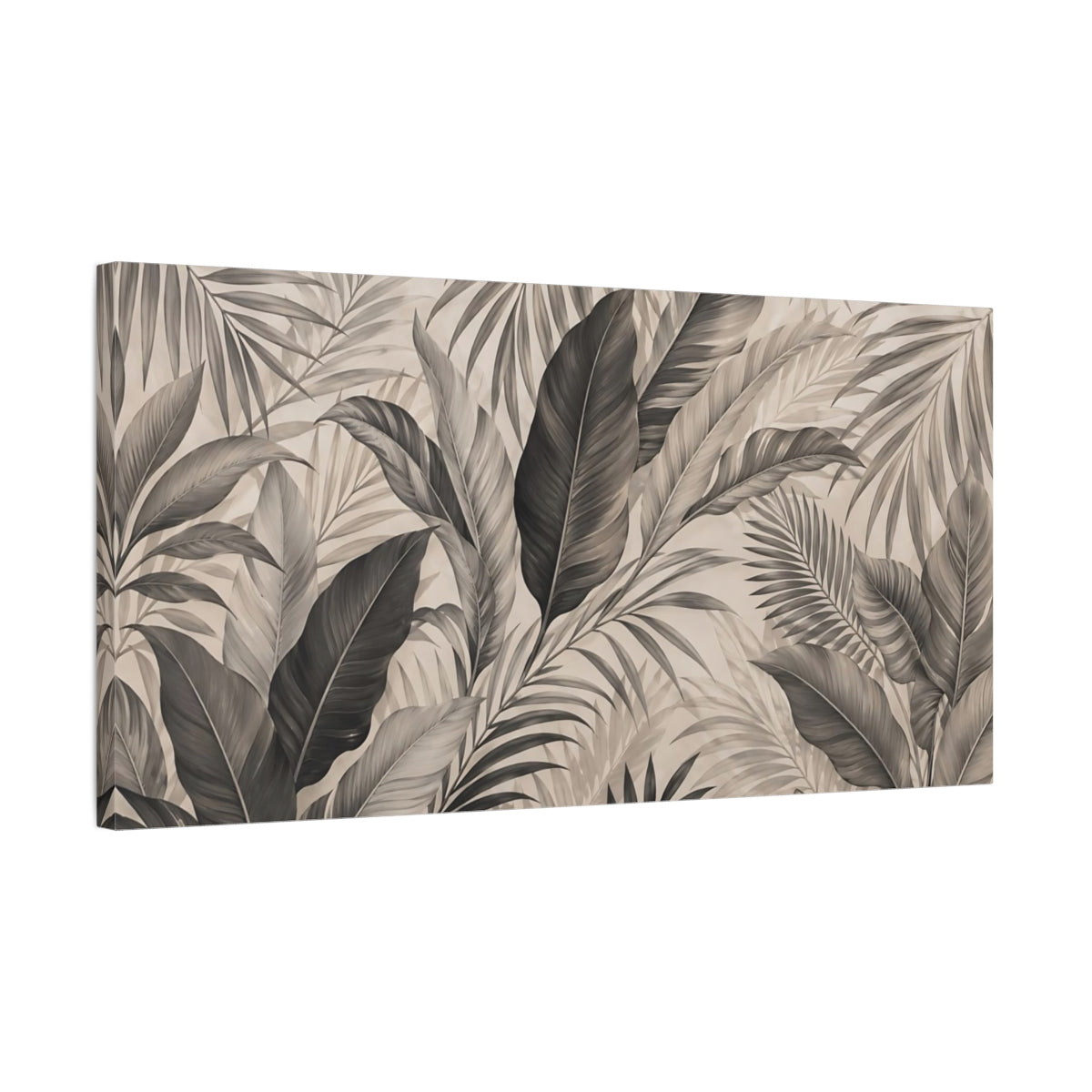 Side Mockup 1. Nature Tropical Leaves Brown And Black shown as stretched canvas wall art