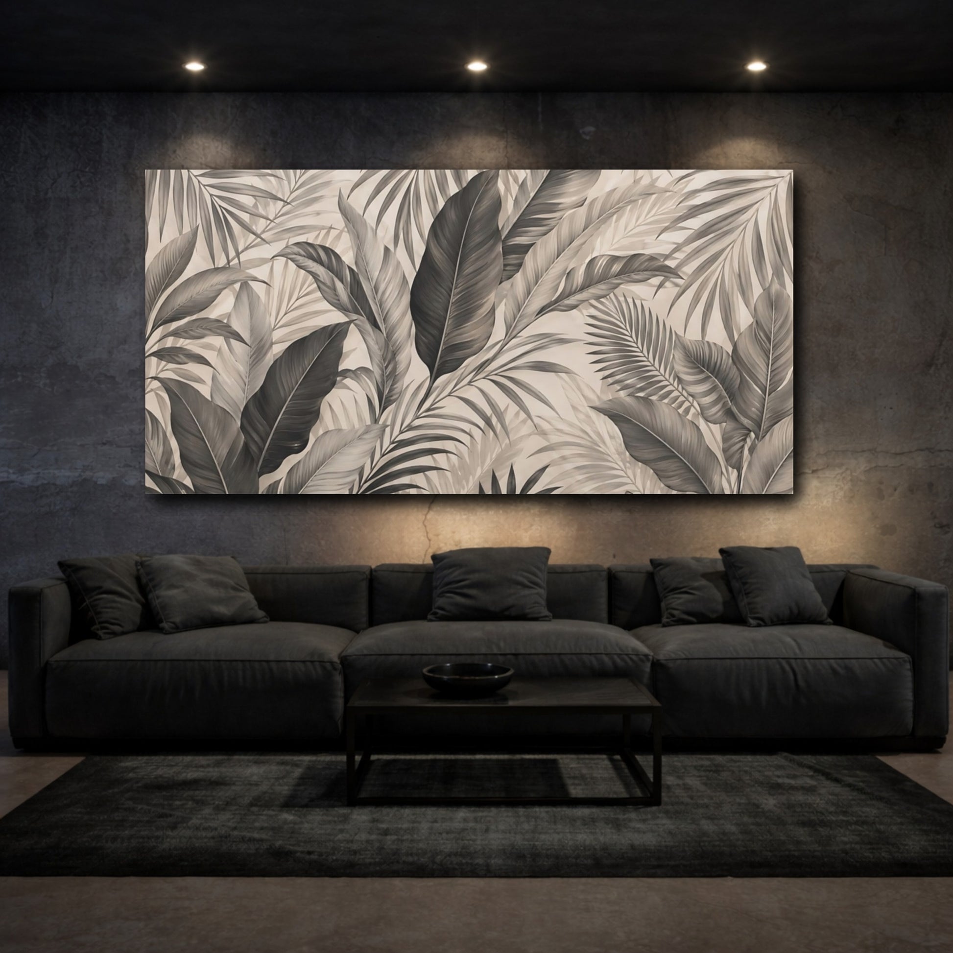 Mockup 2. Nature Tropical Leaves Brown And Black shown as stretched canvas wall art