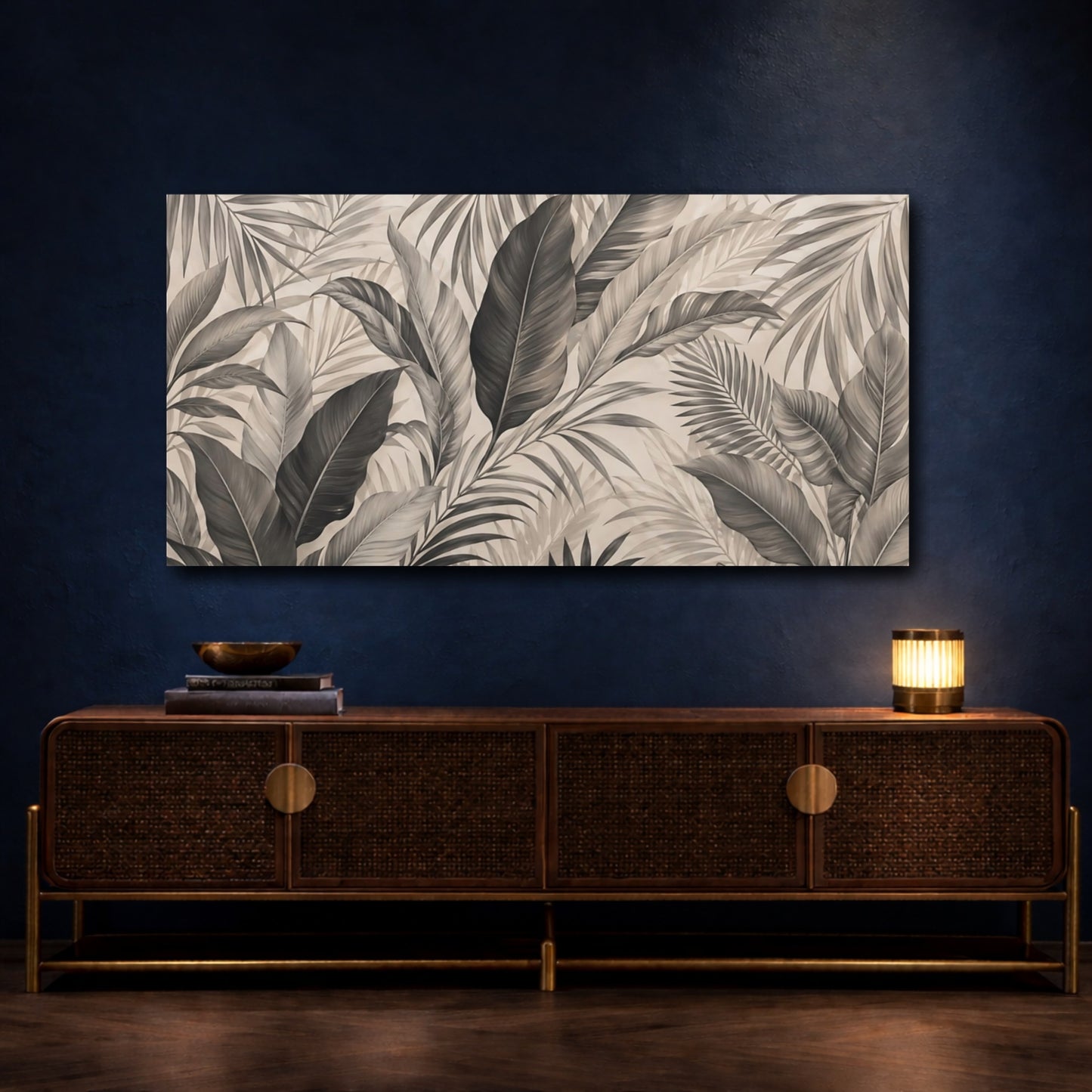Mockup 4. Nature Tropical Leaves Brown And Black shown as stretched canvas wall art