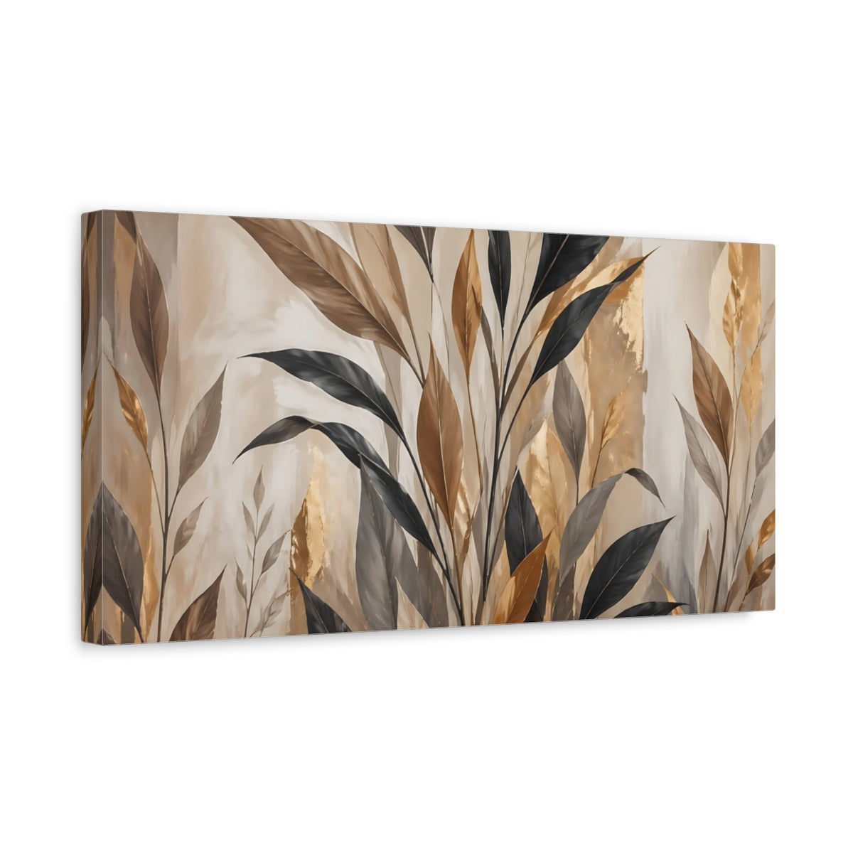 Side Mockup 3. Nature Tropical Leaves Brown And Gold Foliage shown as stretched canvas wall art